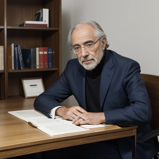Georges Akerlof, un homme élégant d'un certain âge, est assis derrière son bureau, photo portrait, faces au camera