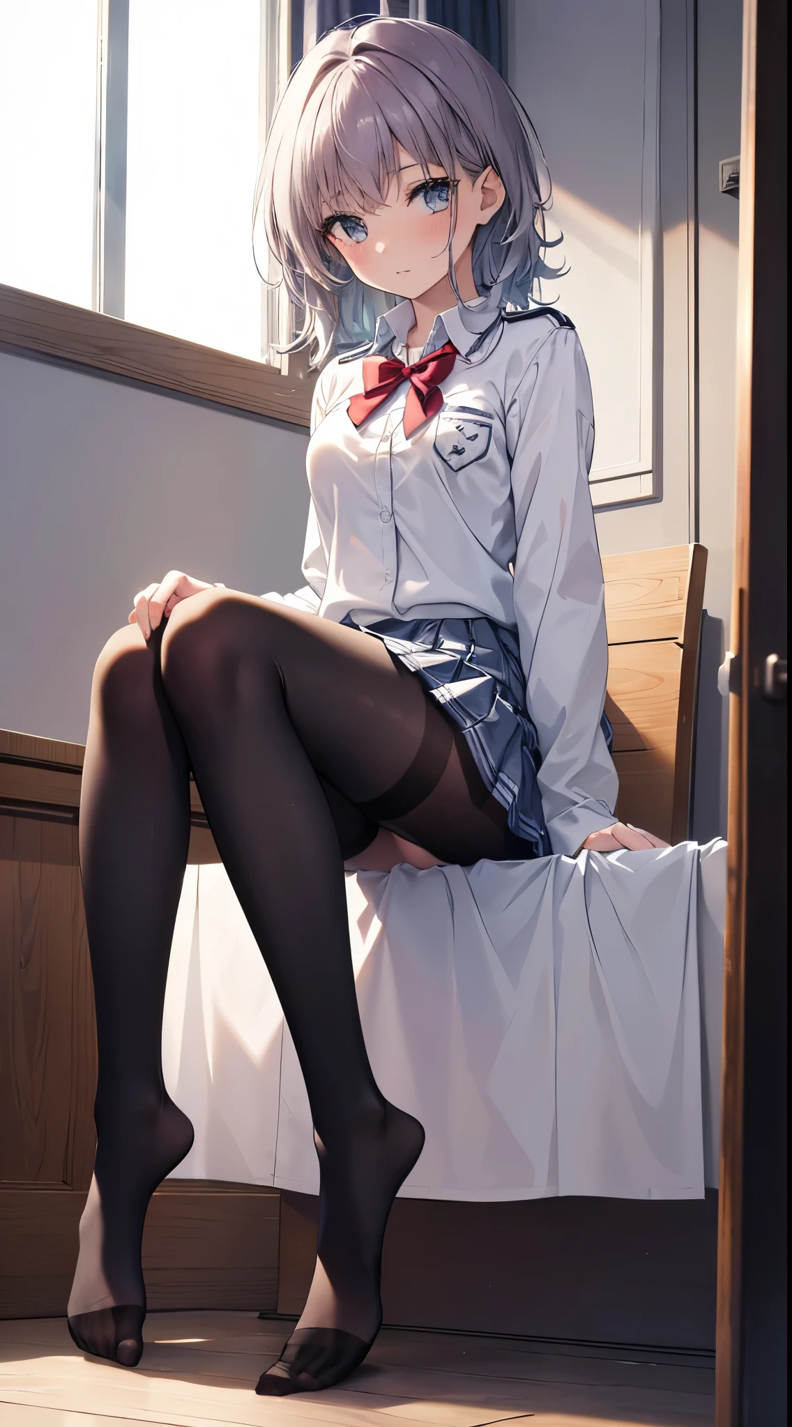 Finest, masterpiece, high definition, (full body), frontal, symmetrical, mature high school girl, solo, (full body from head to toe), small breasts, long hair, slightly messy hair, (black tights), ( (black pantyhose), black pantyhose, (composition where she is made to sit and lift her legs and make her legs open), composition showing white panties, slender beautiful legs, a very beautiful -yeld gi(not wearing shoes) legs), blushing, shy big eyes, messy hair, looking at camera, showing white panties, white frilly lingerie, high school uniform blazer, high school uniform White blouse, high school uniform with blue ribbon, high school uniform with short plaid pattern and navy pleated skirt