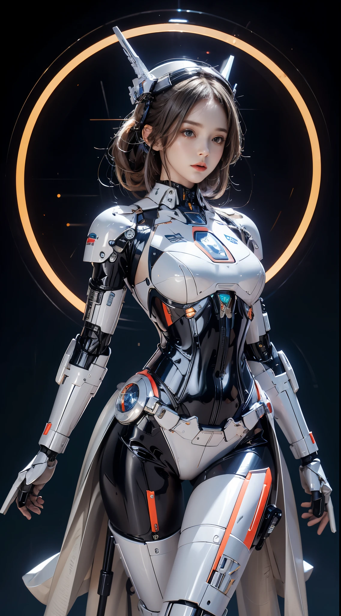 realisticlying, A high resolution, a 1 womone, hip-up, droid, Mecha Maiden,mechanicalparts, droid joints,single mechanical arm, Hats, Mechanical Aura,star halo,Complex mechanical body suit, mecha corset, Full A, White mecha body