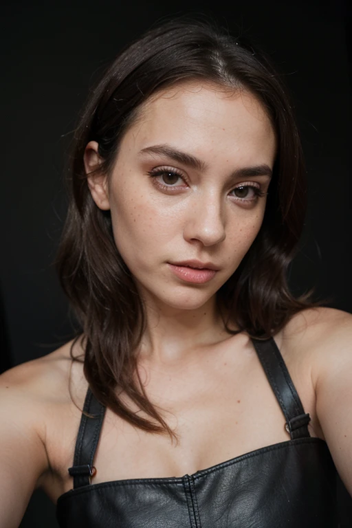 ((best quality)), ((masterpiece)), (detailed), perfect face realistic photo of beautiful woman with long dark brown hair, Russian, influencer, light freckles, dark brown eyes, big lips, no makeup, instagram, next to black wall, wearing thight sexy leather dress, having sex
