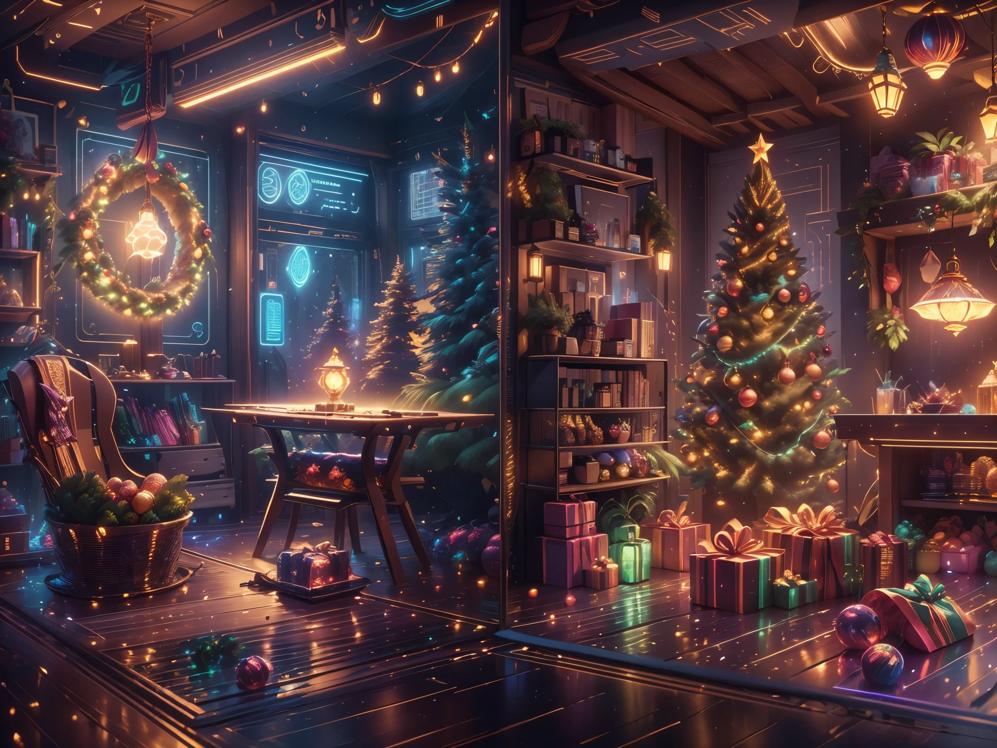 (Future science fiction,Cyberpunk style Christmas room:1.5),(以未来派赛博朋克圣诞元素Decorative style),(霓虹lamplight),mechanical fireplace、Lanterns hanging on mechanical stairs、Colorful gifts wrapped under futuristic Christmas tree、Mechanical floor piled with gifts、Decorative style的松树、Metallic floor、Christmas atmosphere、传统的Christmas atmosphere、Merry Christmas、gift tags、Christmas wreath、Decorative style、metal ribbon、Christmas tree lights、Candy and Snacks,Gingerbread Man,lamplight,Futuristic Christmas decoration,(Sci-fi stylish neon light sci-fi furniture),Panoramic view of the city outside the window,nighttime scene,The room is full of joy and surprises,Christmas room with glowing decorations,artificial snow,Full of festive atmosphere,Glowing lamp,Nice decorations,(mechanical texture wall),(A seamless blend of futuristic and traditional Christmas elements,Seamless blend of old and new),No Man,filigree的细节,elegant and charming,highly detailed,unreal-engine,rendering by octane,CGI,naturey,Pubic area is clear,filigree,smoothness,柔和的lamplight,(concept-art,hyper HD,art station antasyart,epic look at your scene,Intricate patterns,Complicated details,超filigree的绘画,physically-based renderingt,Extremely detailed description,professional,hyper realisitc,beyond human imagination,壮观的lamplight,Art station popular,unreal-engine,Global,Best quality,8K,A high resolution,tmasterpiece,ultra - detailed,realistically,1.4x more realism), Neonpunkai