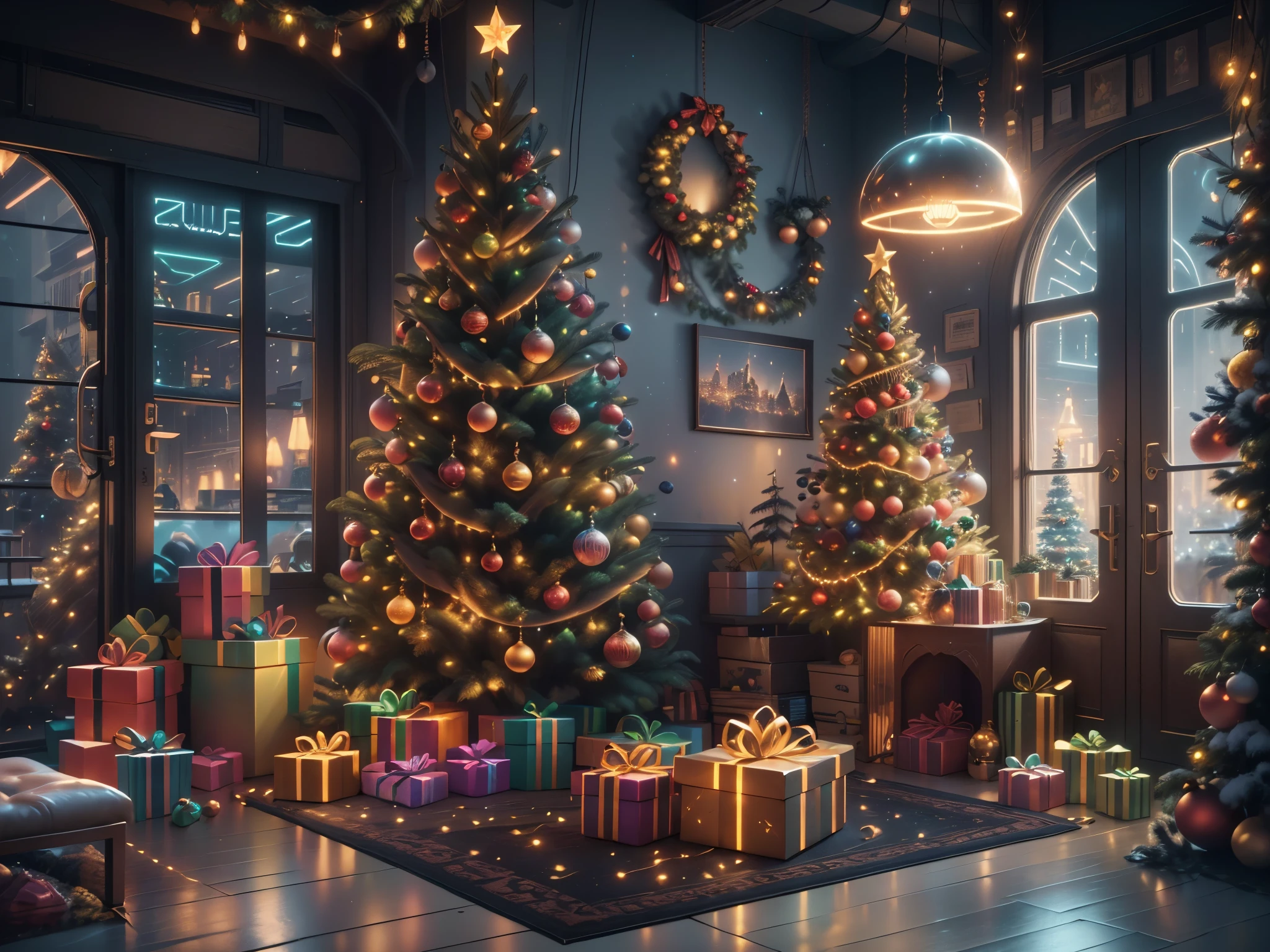 (Future science fiction,Cyberpunk style Christmas room:1.5),(以未来派赛博朋克圣诞元素Decorative style),(霓虹lamplight),mechanical fireplace、Lanterns hanging on mechanical stairs、Colorful gifts wrapped under futuristic Christmas tree、Mechanical floor piled with gifts、Decorative style的松树、Metallic floor、Christmas atmosphere、传统的Christmas atmosphere、Merry Christmas、gift tags、Christmas wreath、Decorative style、metal ribbon、Christmas tree lights、Candy and Snacks,Gingerbread Man,lamplight,Futuristic Christmas decoration,(Sci-fi stylish neon light sci-fi furniture),Panoramic view of the city outside the window,nighttime scene,The room is full of joy and surprises,Christmas room with glowing decorations,artificial snow,Full of festive atmosphere,Glowing lamp,Nice decorations,(mechanical texture wall),(A seamless blend of futuristic and traditional Christmas elements,Seamless blend of old and new),No Man,filigree的细节,elegant and charming,highly detailed,unreal-engine,rendering by octane,CGI,naturey,Pubic area is clear,filigree,smoothness,柔和的lamplight,(concept-art,hyper HD,art station antasyart,epic look at your scene,Intricate patterns,Complicated details,超filigree的绘画,physically-based renderingt,Extremely detailed description,professional,hyper realisitc,beyond human imagination,壮观的lamplight,Art station popular,unreal-engine,Global,Best quality,8K,A high resolution,tmasterpiece,ultra - detailed,realistically,1.4x more realism), Neonpunkai