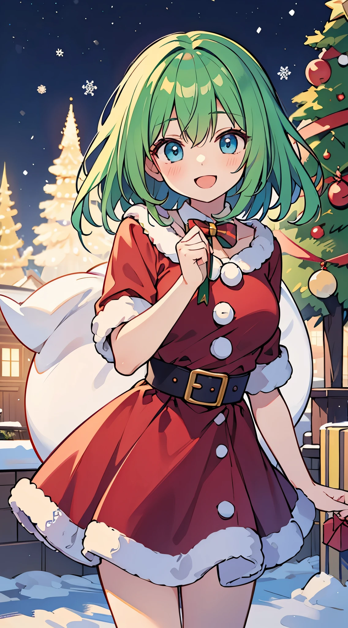 ((A Pretty girl with green hair and blue eyes))、((santa costume))、Loli face、((master piece、top-quality、ultra-definition、high resolution))、anime girl、((ultra-detailed illust:1.2))、only one person、bangs、hair between eye、beautiful hair、Beautiful eyes、Medium breasts、Big smile、opened mouth、Christmas trees、((night cityscape))、((brilliance of illumination))、snowy