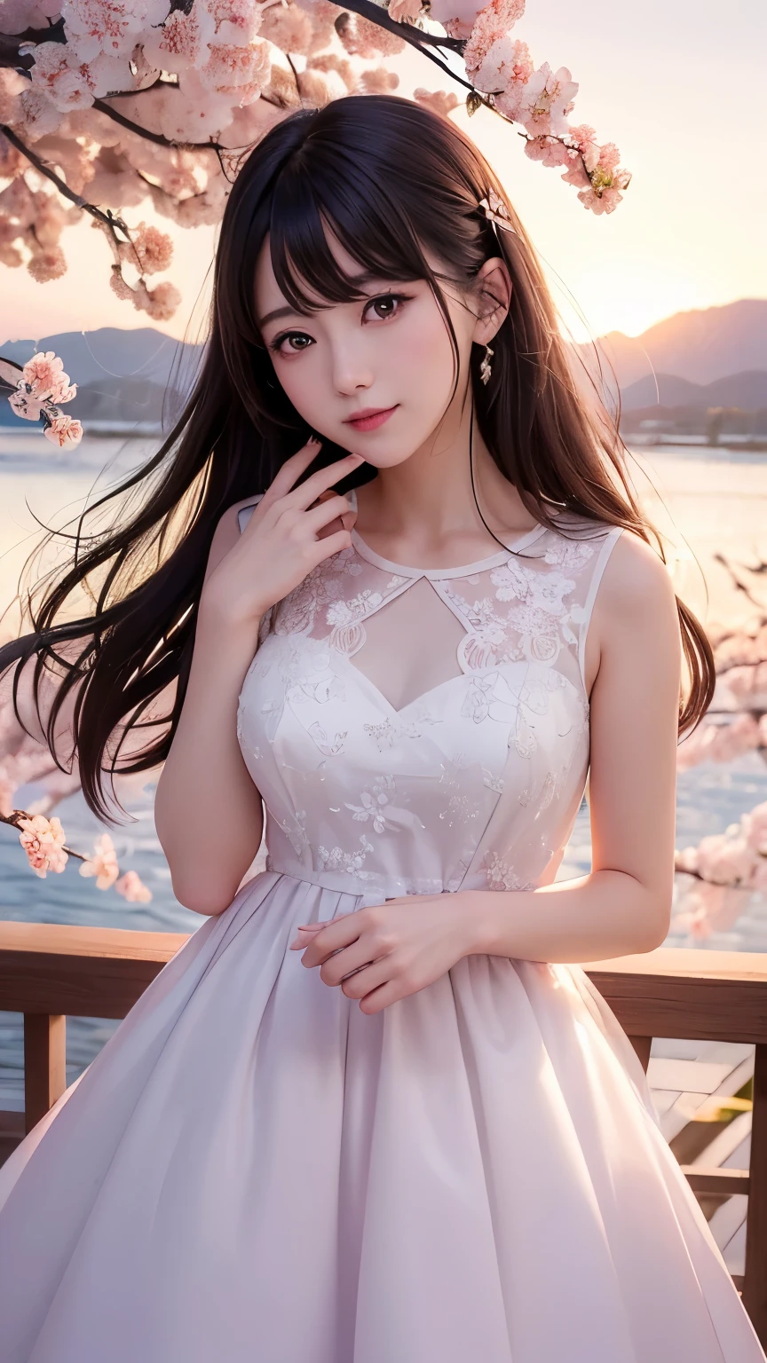 (A logo、​masterpiece、8K、masutepiece、Raw photo、Fantastic、Best Quality、フォトリアリスティックでighly detailedな CG 統合 8k 壁紙、hightquality、ighly detailed、epic poem、Particle effect、Dynamic effects、depth of fields、Cinematic Light、Lens Flare、Ray tracing)、Fantasia、 (Beauty 1 person、doress、Dress、Cherry blossom pattern、A dark-haired、Beautiful face、Real Face、beautiful details eyes beautiful skin)、髪がthe windで踊る、Hair flutters in the wind、Hair jumps、Pink cherry blossom tree、Petals flutter、Sakura blizzard、Superb view、morning glow、Sun in the background、the wind、