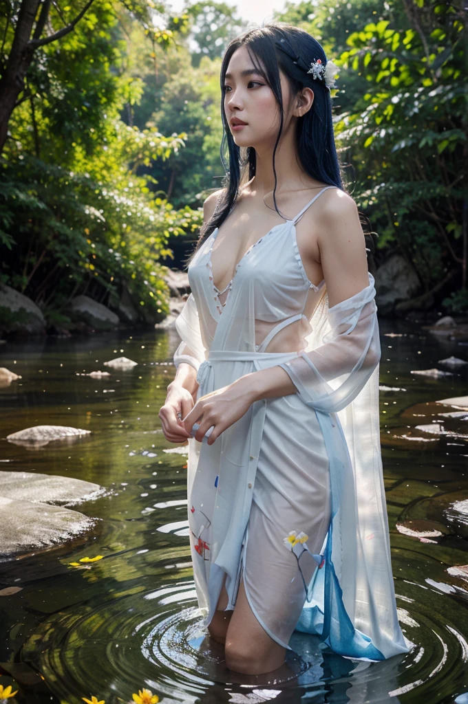 The most beautiful Thai woman with very white skin. Long straight blue-white hair Wear a beautiful gauze dress with a Chinese tattoo pattern. dragon, a transparent flower, standing against a tree in the middle of a stream, beautiful and exquisite, full of flowers, transparent cloth, with red-blue-yellow sparks floating all over. Wet transparent cloth flower petals floated on the surface of the water, sparkling, floating luminous crystal sparkling. , The sharpest oil paintings, best 18k digital paintings, portrait, depth of field, 3d anime style