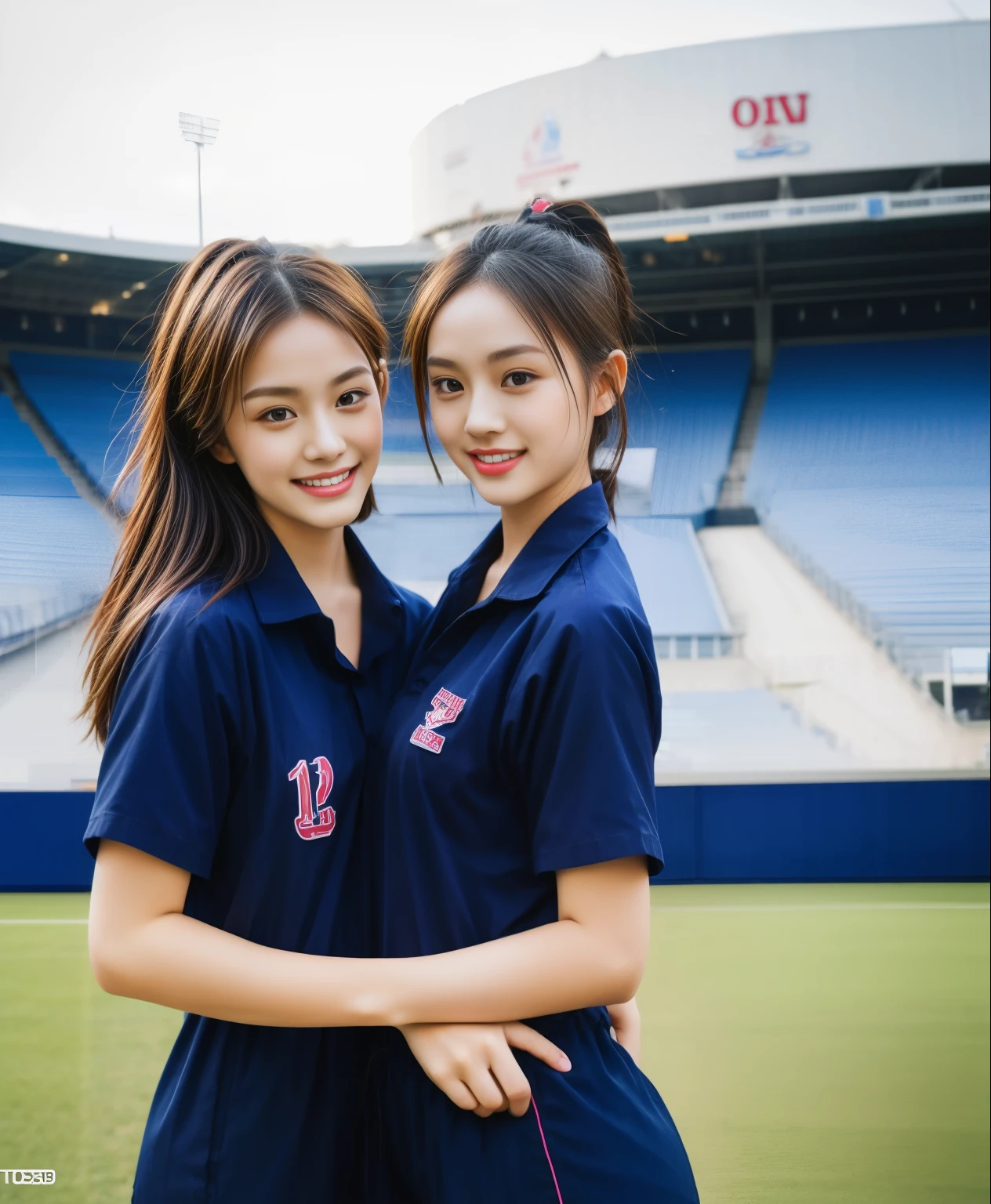(bestquality,10,10,highres,masterpiece:1.2),ultra-detail,(Realistic,ภาพRealistic,photo-realistic:1.37),1 Cute girl in the football field,oily shiny skin,bara,light smile,BDclothelue shirt:1.3)),short sleeves,shirt, trousers.,(navy_long_ติดตามtrousers:1.1), ((Stadium Background:1.3)),dynamic angle,excited,face focus,Dynamic Poses,from behide,Ass Focus,masterpiece, bestquality, ultra realistic, hyper-detail, 8k resolution, RAW photo, crisp focus, ((Navy blue shirt:1.1)), short sleeves, เส้นทางlong, Complete bodyแบบ, 2 mature women, 18yo, cinematic light,trousersวอร์มสีน้ําเงิน,Gymware,Correct anatomy,Complete body, Correct body, sharp face, Correct bodyทางกายวิภาค, full entire body, Realistic gestures, long-haired, Realistic poses,Wear long shorts............................................,ช่วงขาlong,Shapely,Sculpting Girl, Slender Figure, mannequin mannequins, Shapely, Beautiful body,trousersวอร์มสีน้ําเงิน, Two girls kissing