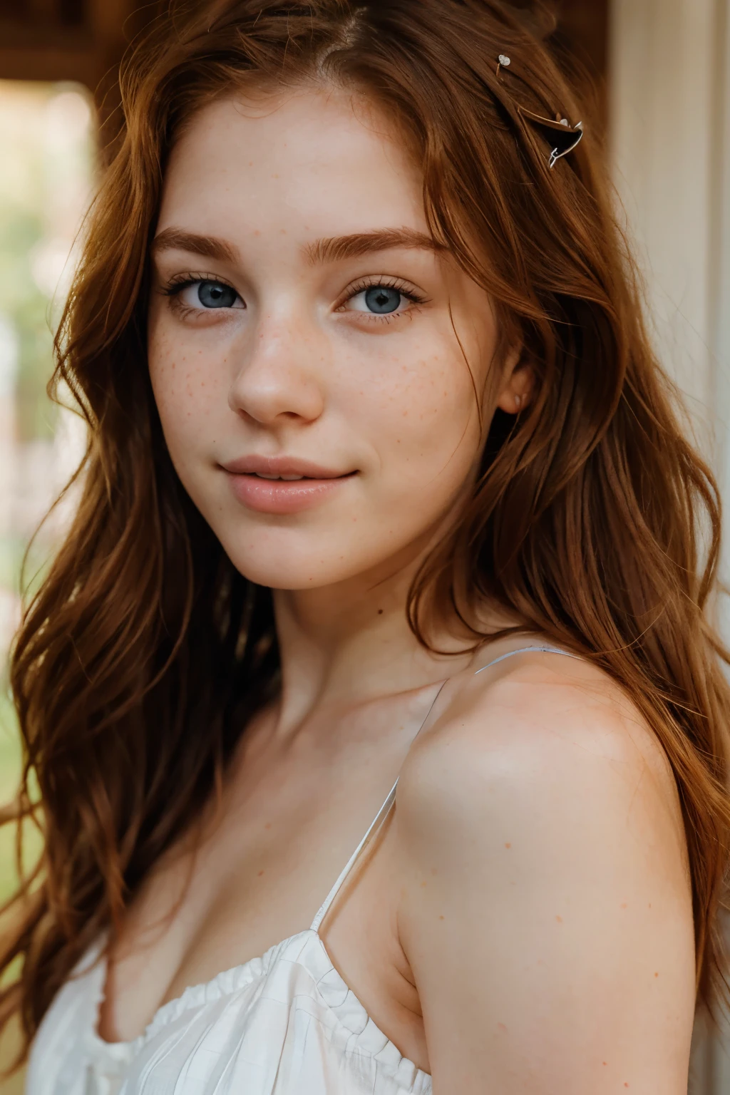 "Woman, American, 20 years old, fair skin with freckles, blue-gray eyes, delicate nose, soft and delicate lips, long wavy ginger-hair, sweet smile."