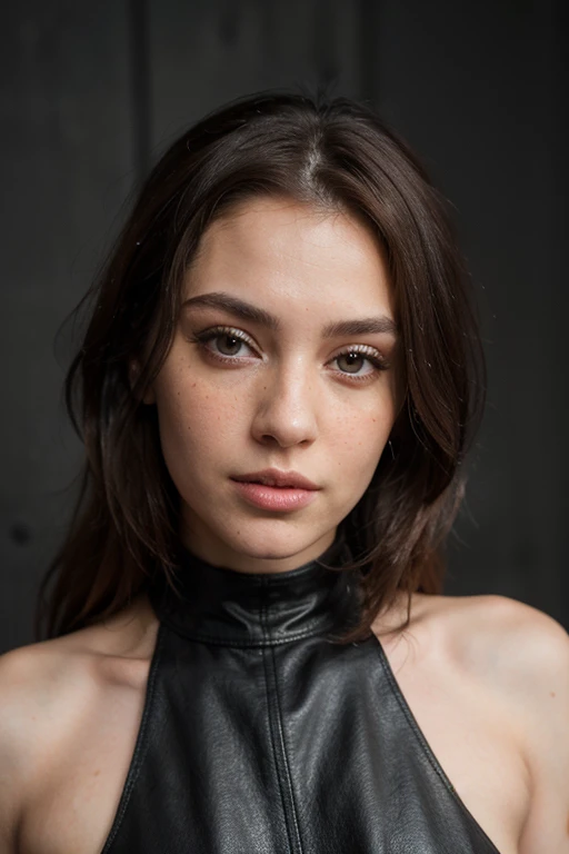 ((best quality)), ((masterpiece)), (detailed), perfect face realistic photo of beautiful woman with long dark brown hair, Russian, influencer, light freckles, dark brown eyes, big lips, no makeup, instagram, next to black wall, wearing thight sexy pink leather corset, facking herself