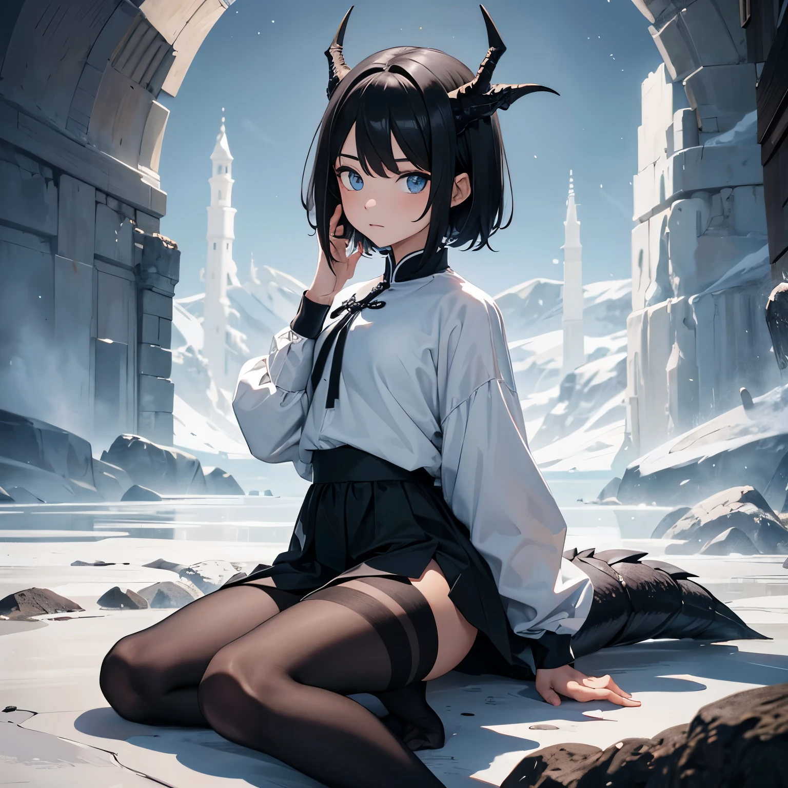 (melhor qualidade: 1.0), (super high res: 1.0), 1girl, personagem extremamente detalhado, detailed hands, Half-dragon girl, chifres, Dragon horns, Girl with black dragon tail, Black dragon tail, Cabelo extremamente detalhado, cabelo curto, ((short hair)), ((cabelos brancos)), olhos extremamente detalhados, olho com cores diferentes, Heterocromia, Olho direito de cor branca, Olho esquerdo de cor preta, dragon eyes, 2D, Arte de Anime, ((barnet)), looking in the viewer, closely to the viewer, sitting, medieval, RPG, pequena, (baixa), (Altura Pequena), peitos pequenos, (adolescente), olhar morto, grim expression, look of tiredness, expressionless look, olheiras, camisa de manga comprida branco transparente, Black jacket, brincos de estrela + Branco, medieval chinese dress + preto, pantyhose + black + white, salto alto, capa preta