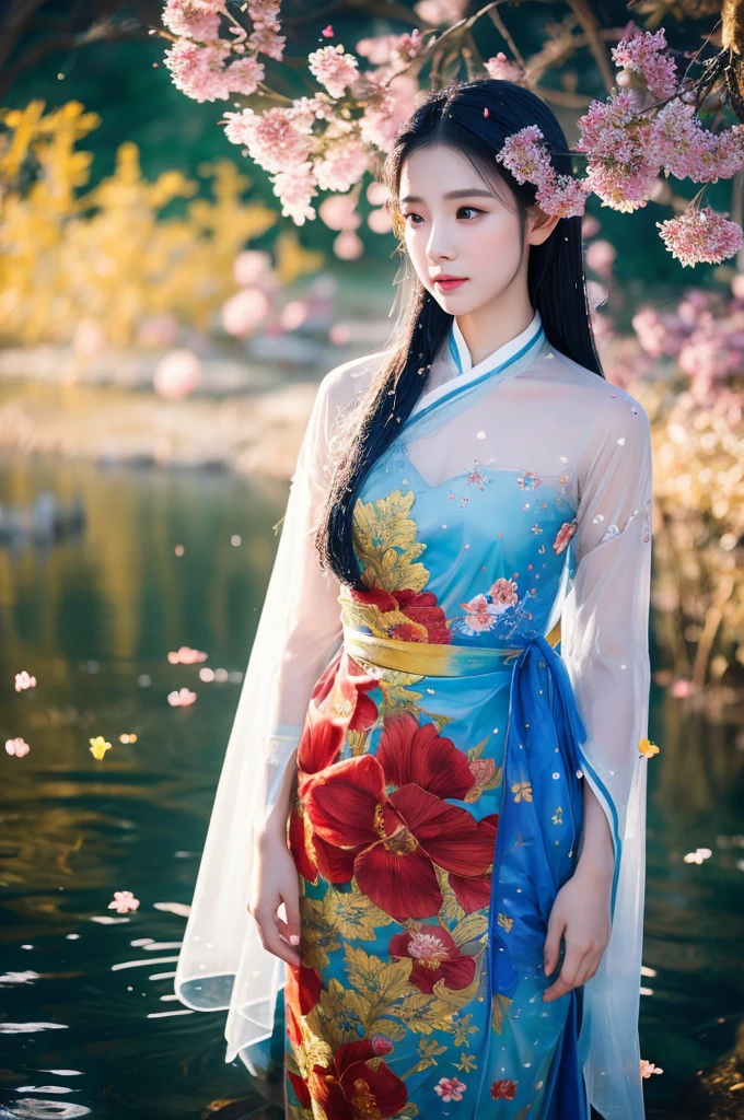The most beautiful Thai women with very white skin. Long straight blue-white hair Wearing a beautiful gauze dress with a Chinese tattoo pattern.. a dragon, transparent flower, Standing against a tree in the middle of a stream, beautiful and exquisite, Full of flowers, Transparent fabric, There were red-blue-yellow sparks floating everywhere.. Wet Transparent fabric flower petals floated on the surface of the water, elf, floating luminous crystal elf. , The sharpest oil paintings, best digital paintings 18k, portrait, Depth of Field, 3D anime style