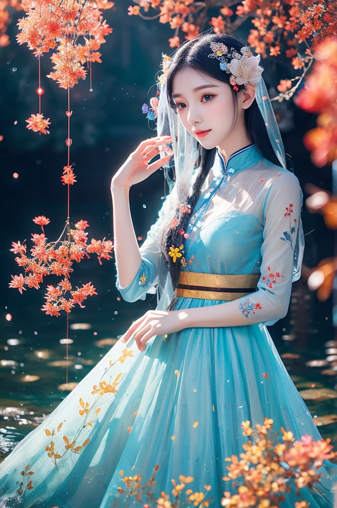 The most beautiful Thai women with very white skin. Long straight blue-white hair Wearing a beautiful gauze dress with a Chinese tattoo pattern.. a dragon, transparent flower, Standing against a tree in the middle of a stream, beautiful and exquisite, Full of flowers, Transparent fabric, There were red-blue-yellow sparks floating everywhere.. Wet Transparent fabric flower petals floated on the surface of the water, elf, floating luminous crystal elf. , The sharpest oil paintings, best digital paintings 18k, portrait, Depth of Field, 3D anime style