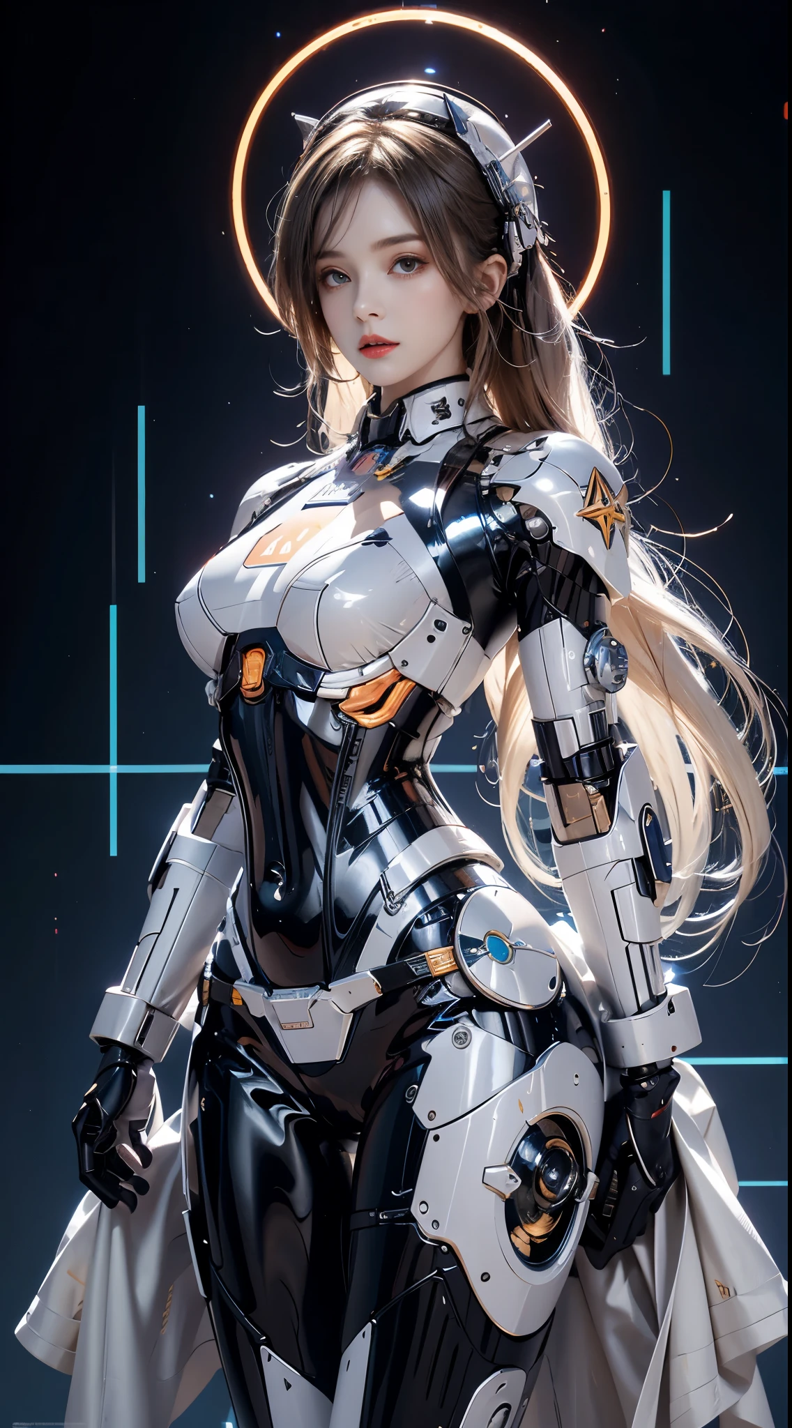 realisticlying, A high resolution, a 1 womone, hip-up, droid, Mecha Maiden,mechanicalparts, droid joints,single mechanical arm, Hats, Mechanical Aura,star halo,Complex mechanical body suit, mecha corset, Full A, White mecha body