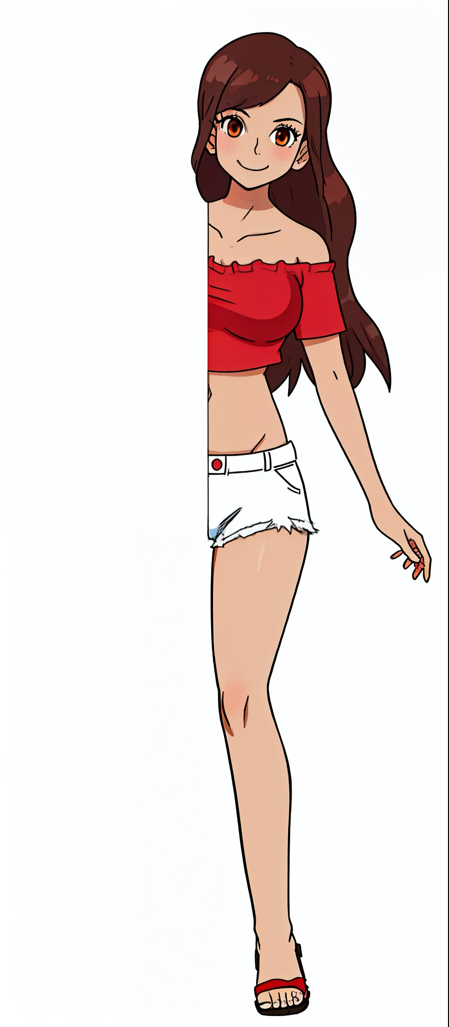 cartoon girl in red top and white shorts holding a skateboard, top half of body, distant full body view, half body cropping, zoomed out full body, full body portrait of a short!, hands behind her body pose!, wearing white demin shorts, full body close-up shot, full body profile pose, white background : 3, half body, orange eyes, tan brown skin, brown wavy hair, smile, red crop top, sandals, medium breasts