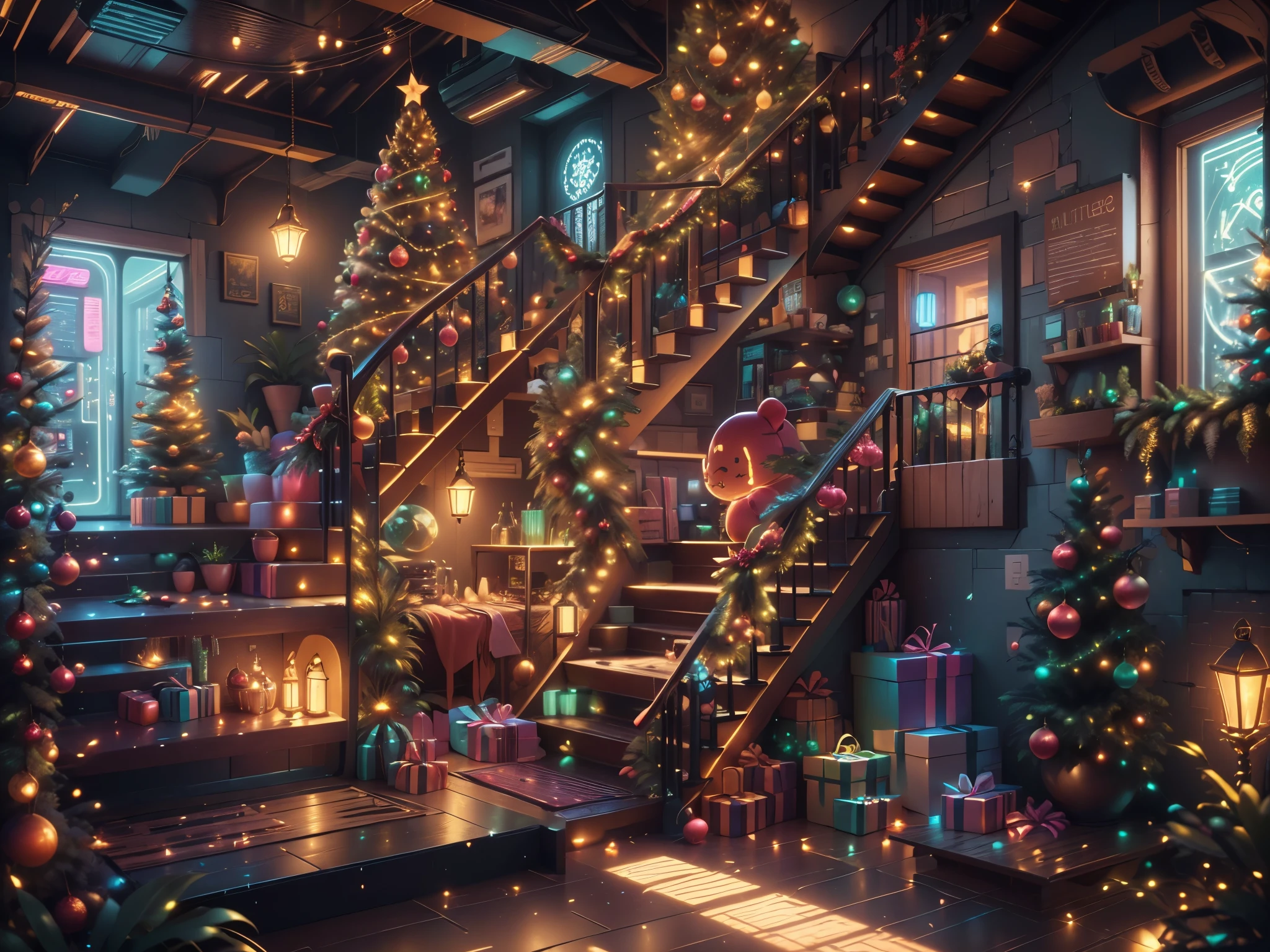 （Future science fiction，Cyberpunk style Christmas room:1.5），(以未来派赛博朋克圣诞元素Decorative style)，(霓虹lamplight)，mechanical fireplace、Lanterns hanging on mechanical stairs、Colorful gifts wrapped under futuristic Christmas tree、Mechanical floor piled with gifts、Decorative style的松树、Metallic floor、Christmas atmosphere、传统的Christmas atmosphere、Merry Christmas、gift tags、Christmas wreath、Decorative style、metal ribbon、Christmas tree lights、Candy and Snacks，Gingerbread Man，lamplight，Futuristic Christmas decoration，(Sci-fi stylish neon light sci-fi furniture)，Panoramic view of the city outside the window，nighttime scene，The room is full of joy and surprises，Christmas room with glowing decorations，artificial snow，Full of festive atmosphere，Glowing lamp，Nice decorations，（mechanical texture wall），（A seamless blend of futuristic and traditional Christmas elements，Seamless blend of old and new），No Man，filigree的细节，elegant and charming，highly  detailed，unreal-engine，rendering by octane，CGI，naturey，Pubic area is clear，filigree，smoothness，柔和的lamplight，(concept-art，hyper HD，art station antasyart，epic look at your scene，Intricate patterns，Complicated details，超filigree的绘画，physically-based renderingt，Extremely detailed description，professional，hyper realisitc，beyond human imagination，壮观的lamplight，Art station popular，unreal-engine，Global，Best quality，8K，A high resolution，tmasterpiece，ultra - detailed，realistically，1.4x more realism）, Neonpunkai