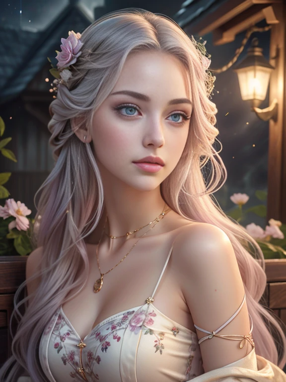 (best quality,4k,8k,highres,masterpiece:1.2),ultra-detailed,(realistic,photorealistic,photo-realistic:1.37),oil painting,beautiful detailed eyes,beautiful detailed lips,long eyelashes,purple eyes,girl with long white hair,blushing,wearing a cropped top and a skirt,night scene,moonlight,flowers,shining eyes,sunlight