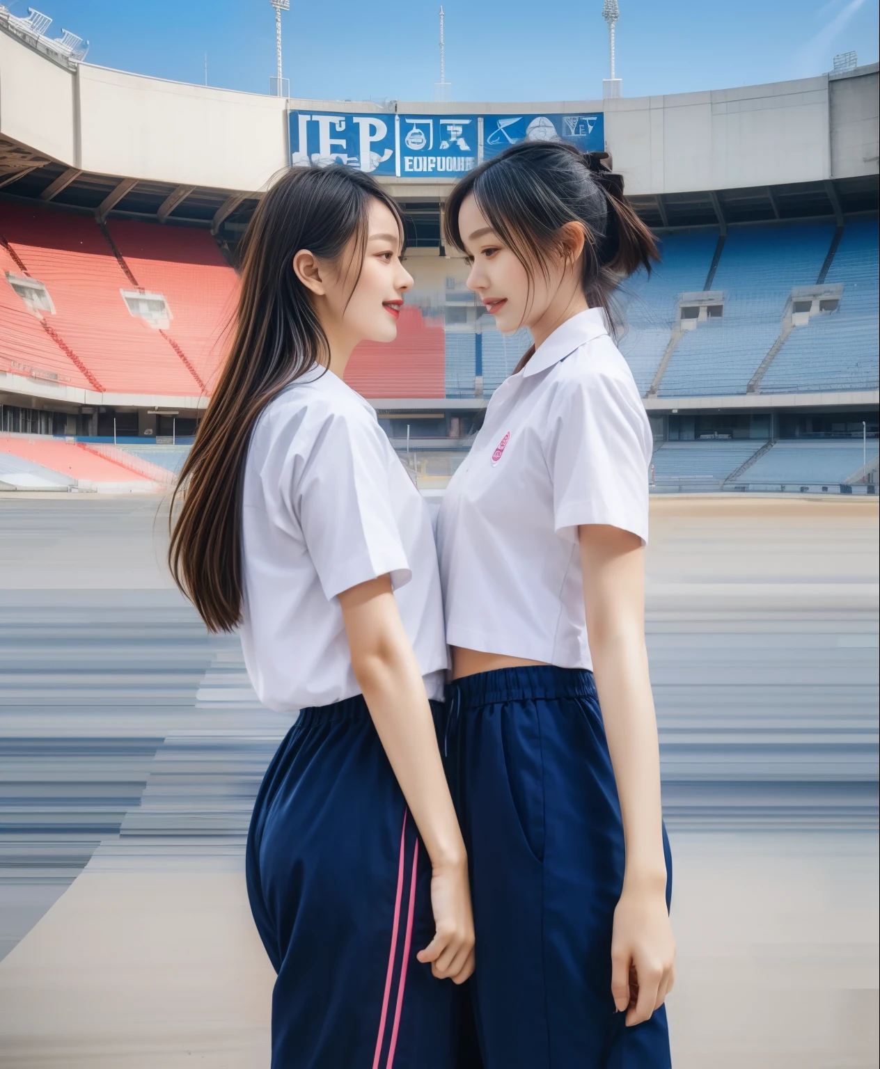 (bestquality,10,10,highres,masterpiece:1.2),ultra-detail,(Realistic,ภาพRealistic,photo-realistic:1.37),1 Cute girl in the football field,oily shiny skin,bara,light smile,BDclothelue shirt:1.3)),short sleeves,shirt, trousers.,(navy_long_ติดตามtrousers:1.1), ((Stadium Background:1.3)),dynamic angle,excited,face focus,Dynamic Poses,from behide,Ass Focus,masterpiece, bestquality, ultra realistic, hyper-detail, 8k resolution, RAW photo, crisp focus, ((Navy blue shirt:1.1)), short sleeves, เส้นทางlong, Complete bodyแบบ, 2 mature women, 18yo, cinematic light,trousersวอร์มสีน้ําเงิน,Gymware,Correct anatomy,Complete body, Correct body, sharp face, Correct bodyทางกายวิภาค, full entire body, Realistic gestures, long-haired, Realistic poses,Wear long shorts...........................................,ช่วงขาlong,Shapely,Sculpting Girl, Slender Figure, mannequin mannequins, Shapely, Beautiful body,trousersวอร์มสีน้ําเงิน, Two girls kissing