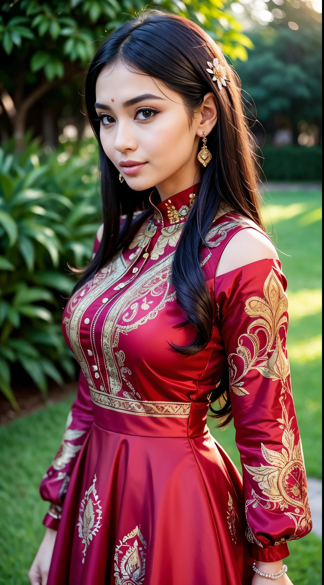 ( Close Up),RAW, Best quality, high resolution, masterpiece: 1.3), beautiful Malay woman in , Masterpiece, perfect body, Big breasts, thick thighs, beautiful big eyes, mole under the eyes, long eyelashes, big eyes, beutifull face, Soft smile, woman standing against a garden wearing a dress and heels, idian dress, frock, red and gold ornate dress, stylish dress, soft silk dress, dress, full covered dress, red floral dress, indian style, very beautiful enga style, delicate patterned, paisley, * colour splash *, dress, flowing dress, indian patterns, vintage dress, wearing a kurta , illustrious clothes Soft turtleneck, evening walk, garden park, Great lighting, Bright colors, Clean lines