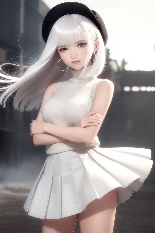 (flowy haircut) ,(((winter season))), ((symmetrical Bob haircut with over the shoulder and side swept brow length bangs)) , (((white hair))), (( crystal kaleidoscope background)) , ultra detailed, young Japanese woman , wearing simple pearl earrings and heart shaped necklace, beautiful face, ((( sleeveless turtleneck polo sweater))) , (((medium length pleated skirt))) , ((hair flowing beautifully in the wind)) , perfect smooth legs, (((contrast rich rim lighting from both sides))) , ((very short red finger nail polish)), (laced up boots) , (perfect eyes) , (firm large sized breasts) , thick calves, correct anatomy, tony taka art style, (falling snow),((fashionista portrait)) , ((cinematic depth of field)), bokeh particles, (((crossed arms))) , (cute smile with closed mouth), wearing a cute beret with a cute bow, round filled lips , (ultra wide angle fov), fashion posing