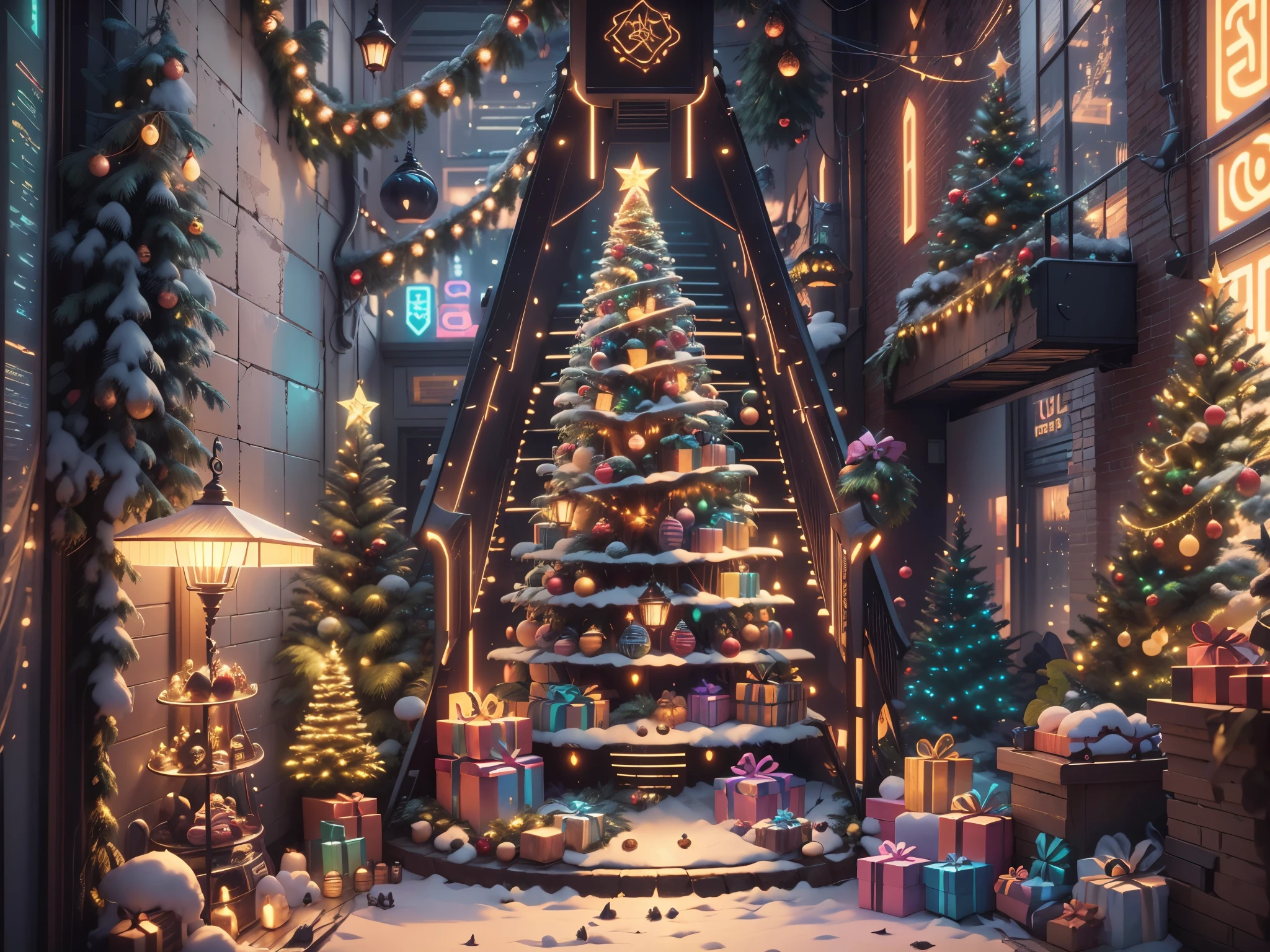 （Future science fiction，Cyberpunk style Christmas room:1.5），(以未来派赛博朋克圣诞元素Decorative style)，(霓虹lamplight)，mechanical fireplace、Lanterns hanging on mechanical stairs、Colorful gifts wrapped under futuristic Christmas tree、Mechanical floor piled with gifts、Decorative style的松树、Metallic floor、Christmas atmosphere、传统的Christmas atmosphere、Merry Christmas、gift tags、Christmas wreath、Decorative style、metal ribbon、Christmas tree lights、Candy and Snacks，Gingerbread Man，lamplight，Futuristic Christmas decoration，(Sci-fi stylish neon light sci-fi furniture)，Panoramic view of the city outside the window，nighttime scene，The room is full of joy and surprises，Christmas room with glowing decorations，artificial snow，Full of festive atmosphere，Glowing lamp，Nice decorations，（mechanical texture wall），（A seamless blend of futuristic and traditional Christmas elements，Seamless blend of old and new），No Man，filigree的细节，elegant and charming，highly  detailed，unreal-engine，rendering by octane，CGI，naturey，Pubic area is clear，filigree，smoothness，柔和的lamplight，(concept-art，hyper HD，art station antasyart，epic look at your scene，Intricate patterns，Complicated details，超filigree的绘画，physically-based renderingt，Extremely detailed description，professional，hyper realisitc，beyond human imagination，壮观的lamplight，Art station popular，unreal-engine，Global，Best quality，8K，A high resolution，tmasterpiece，ultra - detailed，realistically，1.4x more realism）, Neonpunkai