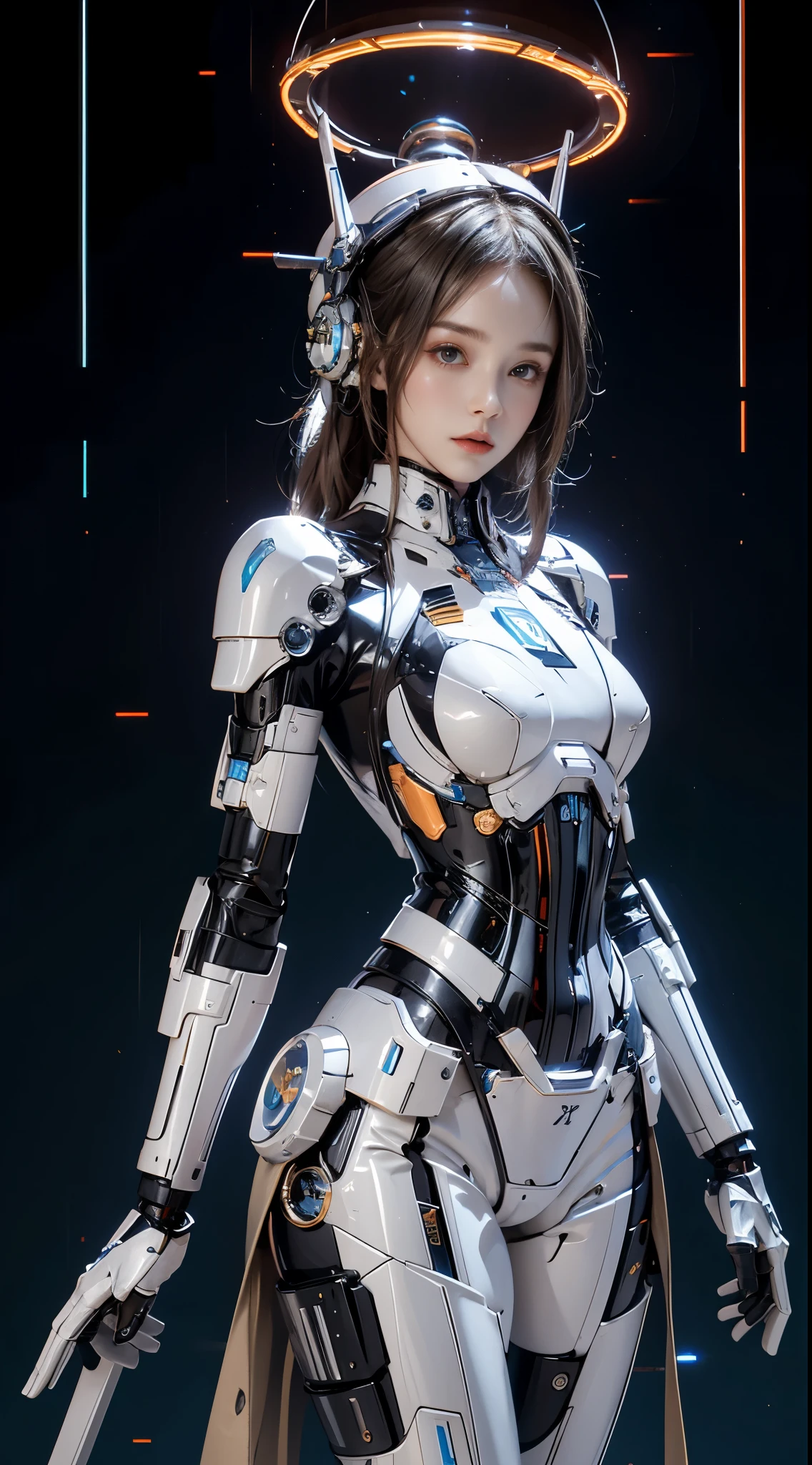 realisticlying, A high resolution, a 1 womone, hip-up, droid, Mecha Maiden,mechanicalparts, droid joints,single mechanical arm, Hats, Mechanical Aura,star halo,Complex mechanical body suit, mecha corset, Full A, White mecha body