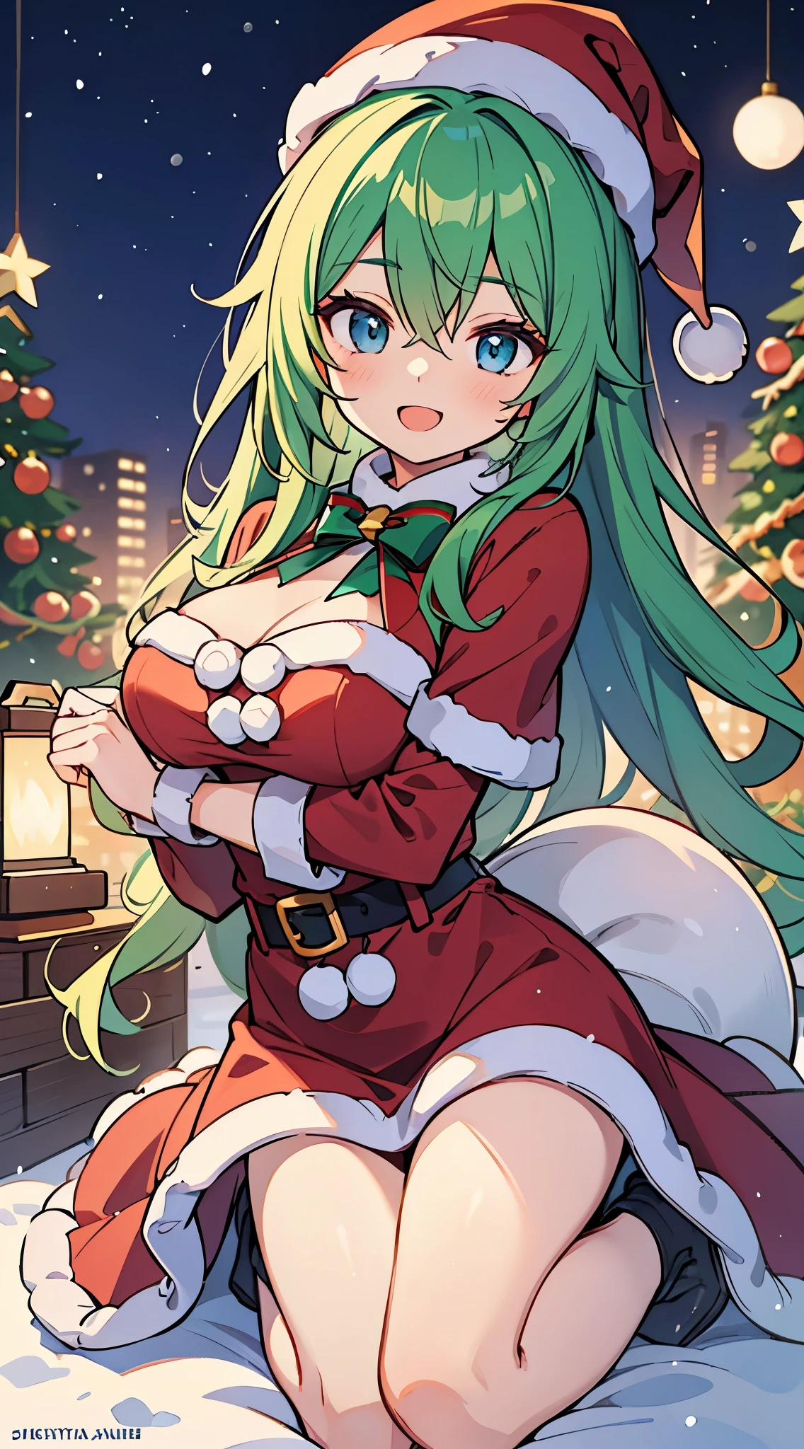 ((A Pretty girl with green hair and blue eyes))、((santa costume))、 face、((master piece、top-quality、ultra-definition、high resolution))、anime girl、((ultra-detailed illust:1.2))、only one person、bangs、hair between eye、beautiful hair、Beautiful eyes、Medium breasts、Big smile、opened mouth、Christmas trees、((night cityscape))、((brilliance of illumination))、snowy