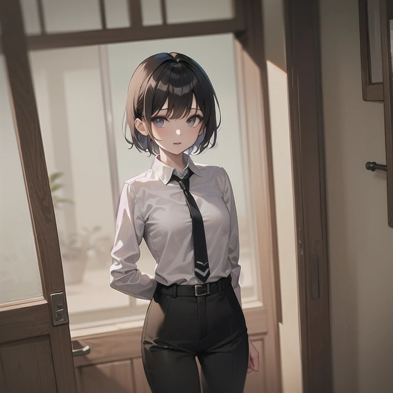 masterpiece, best quality, 1girl, solo, mature female, straight hair, short hair, dark hair, dark eyes, collared shirt, white shirt, necktie, black tie, black pants, standing, looking at viewer, scared
