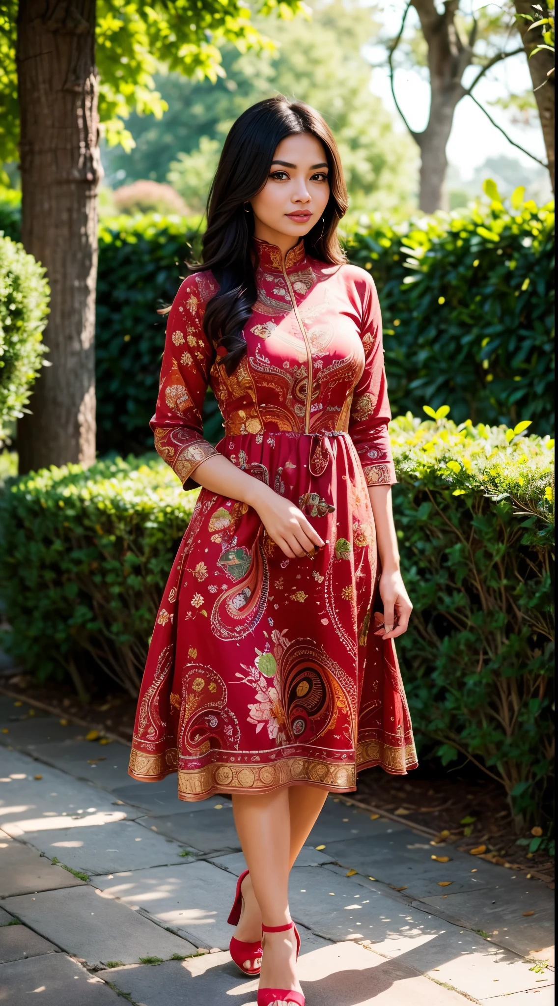 ( Close Up),RAW, Best quality, high resolution, masterpiece: 1.3), beautiful Malay woman in , Masterpiece, perfect body, Big breasts, thick thighs, beautiful big eyes, mole under the eyes, long eyelashes, big eyes, beutifull face, Soft smile, woman standing against a garden wearing a dress and heels, frock, red and gold ornate dress, stylish dress, soft silk dress, dress, full covered dress, red floral dress, indian style, very beautiful enga style, delicate patterned, paisley, * colour splash *, dress, flowing dress, vintage dress, wearing a kurta , Soft turtleneck, evening walk, garden park, Great lighting, Bright colors, Clean lines