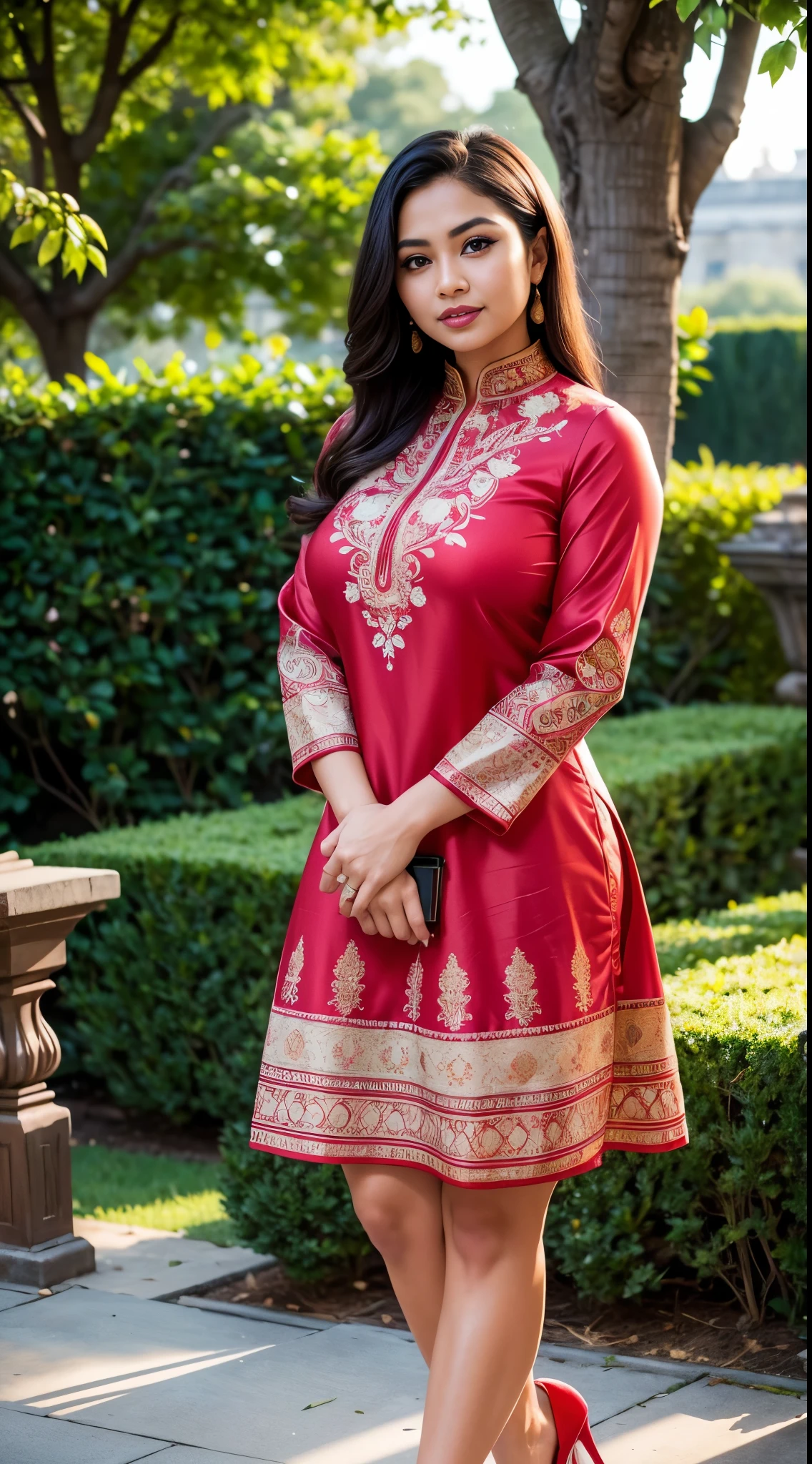 ( Close Up),RAW, Best quality, high resolution, masterpiece: 1.3), beautiful Malay woman in , Masterpiece, perfect body, Big breasts, thick thighs, beautiful big eyes, mole under the eyes, long eyelashes, big eyes, beutifull face, Soft smile, woman standing against a garden wearing a dress and heels, frock, red and gold ornate dress, stylish dress, soft silk dress, dress, full covered dress, red floral dress, indian style, very beautiful enga style, delicate patterned, paisley, * colour splash *, dress, flowing dress, vintage dress, wearing a kurta , Soft turtleneck, evening walk, garden park, Great lighting, Bright colors, Clean lines