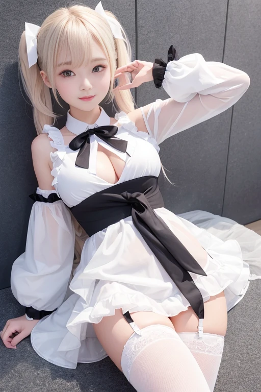 a beauty girl、((White short coat))、Exposed thighs:1.5、slenderbody、kawaii faces、White tights、White blouse and frilly high-sole shoes、ribbon on tights、Model body type、High school students、 big boobs、A smile、masutepiece、colorful ribbons on tights、((Wrap the tulle ribbon around your hair))、wavy twintails