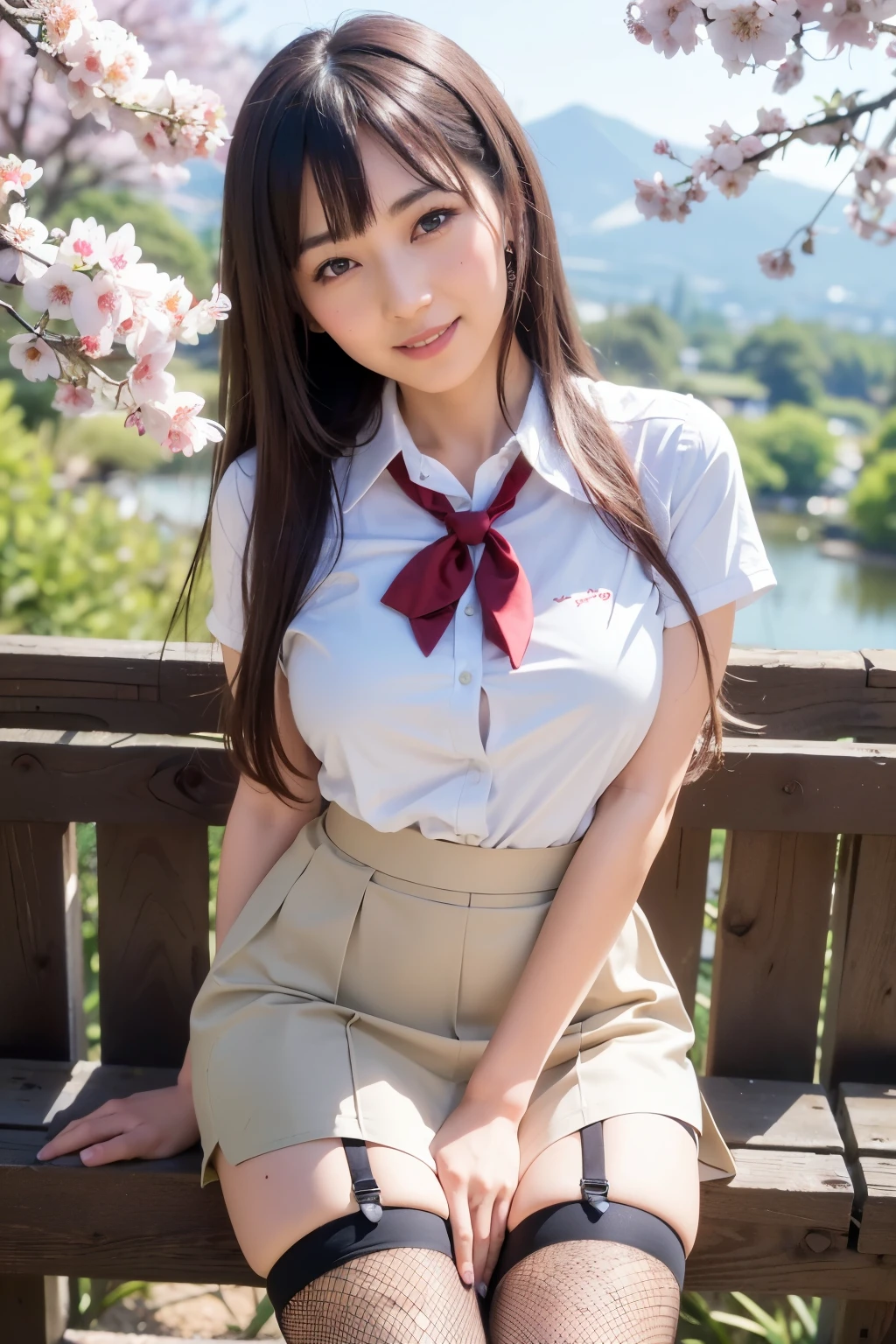 ((Best quality, 8k, Masterpiece :1.3)),
Japanese hot milf,
Ultra-detailed face, Detailed eyes, Double eyelid,
smiling, a coquettish look,
long hair,
wearing a Japanese high school uniform, skirt and garter belt,
mountain view, cherry blossom,