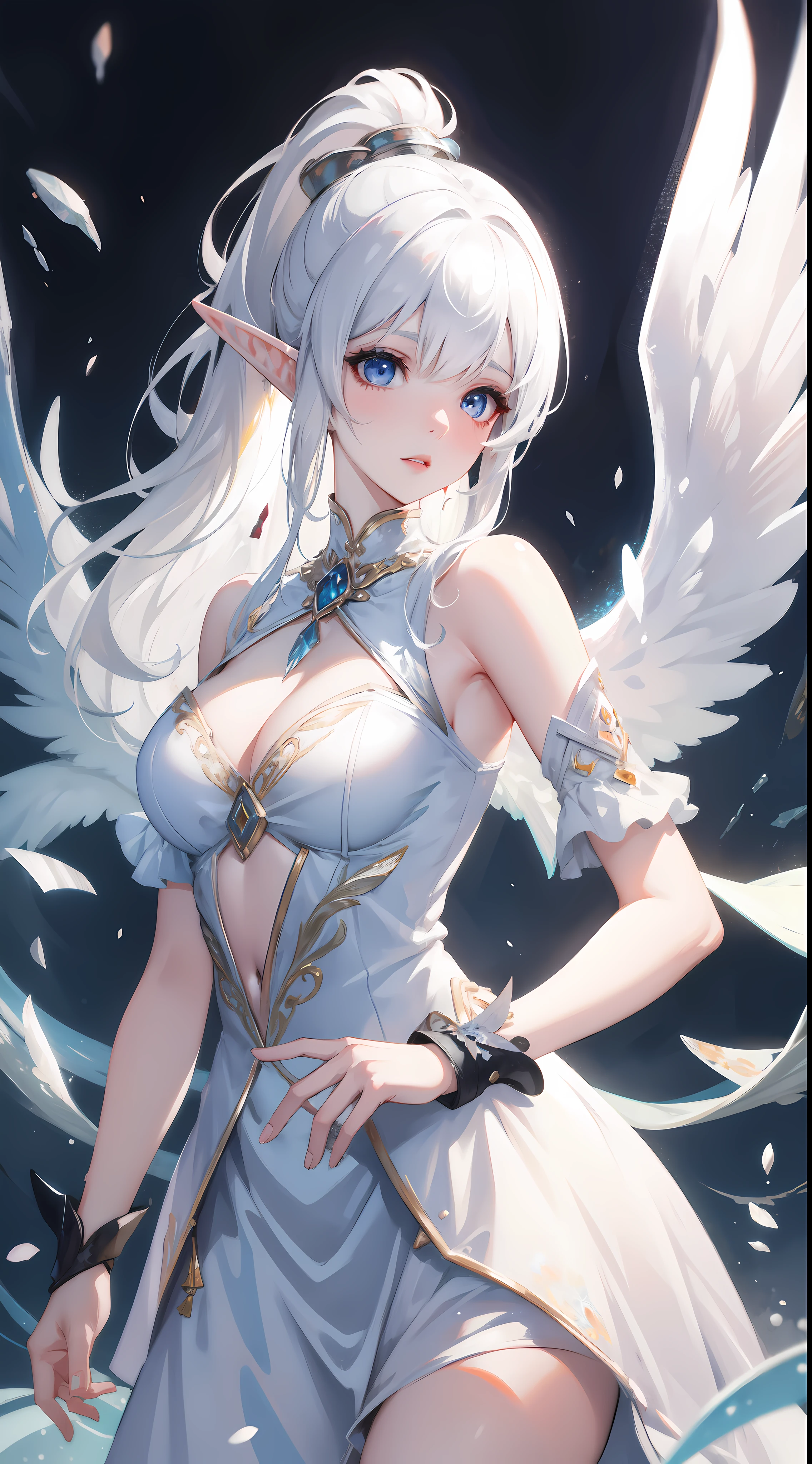 ((masterpiece, best quality)), official art, unity 8k wallpaper, ultra detailed, Rusticcore, contest winner, pixiv, Disgusting a white haired elf woman with wings and jewels on her head and chest, wearing a white dress with silver wings and a silver collar, (Charlie Bowater:0.158) , (Yoshitaka Amano:0.073) , (a character portrait:0.265) , (whiteglovefantasy art:0.457) and Seaweed, extremely beautiful, Analytical Art, 8K, best quality, DayGlo orange dust particles, dslr, anaglyph effect, highly detailed of (elf), (1girl), solo, perfect face, details eye, ponytail, Blunt bangs, (hair between eye), white hair, blue eyes, fantasy art by Artgerm, by Kawacy, by Wadim kashin,