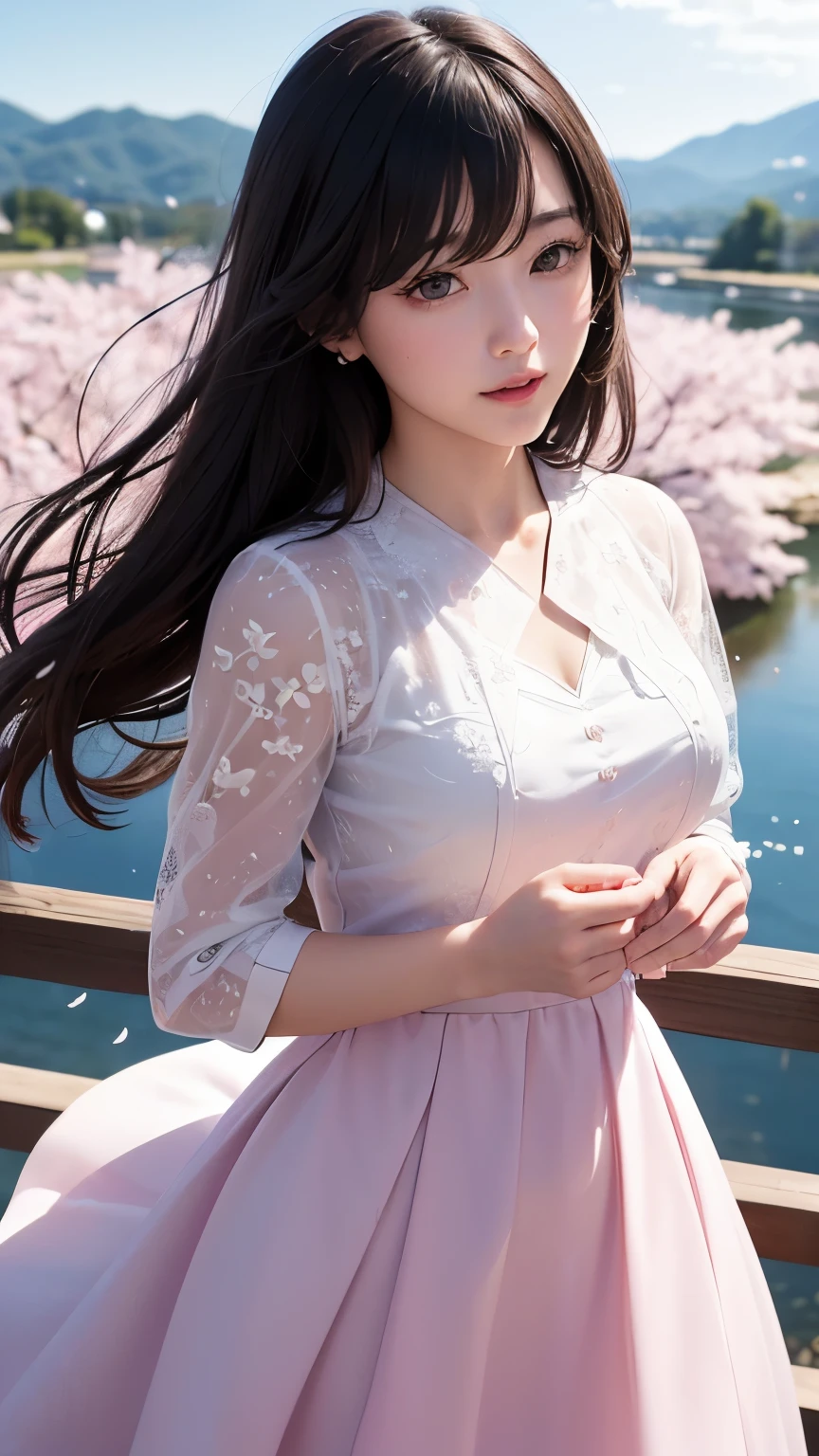(A logo、​masterpiece、8K、masutepiece、Raw photo、Fantastic、Best Quality、フォトリアリスティックでighly detailedな CG 統合 8k 壁紙、hightquality、ighly detailed、epic poem、Particle effect、Dynamic effects、depth of fields、Cinematic Light、Lens Flare、Ray tracing)、Fantasia、 (Beauty 1 person、doress、Dress、Cherry blossom pattern、A dark-haired、Beautiful face、Real Face、beautiful details eyes beautiful skin)、髪がthe windで踊る、Hair flutters in the wind、Hair jumps、Pink cherry blossom tree、Petals flutter、Sakura blizzard、Superb view、morning glow、Sun in the background、the wind、
