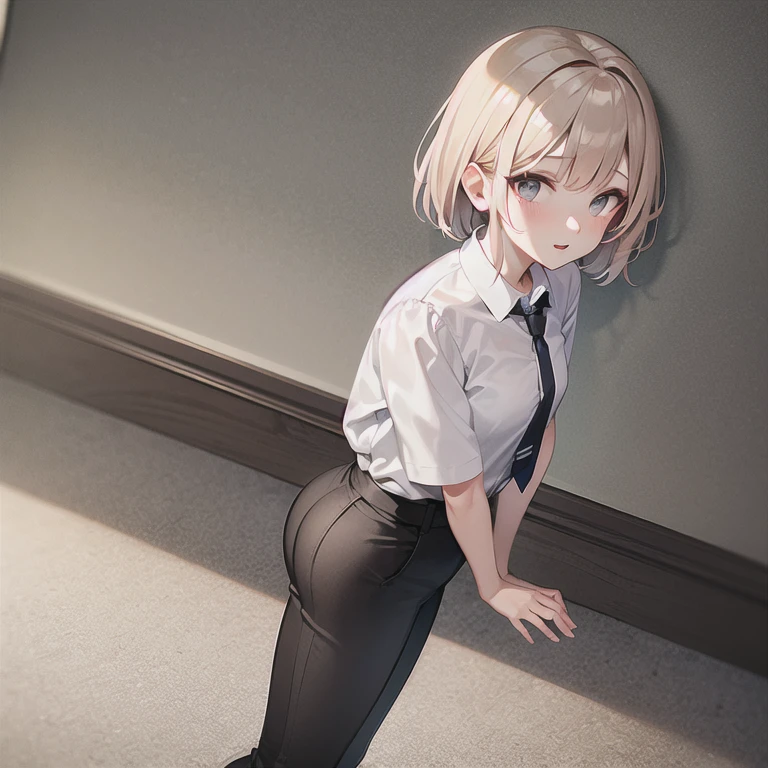 masterpiece, best quality, 1girl, solo, mature female, tomboy, straight hair, short hair, dark hair, dark eyes, collared shirt, white shirt, necktie, black tie, black pants, standing, looking at viewer, scared