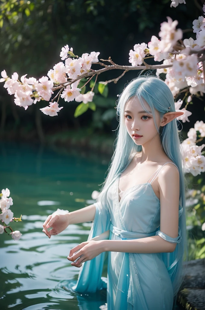 The most beautiful Thai women with very white skin. Long straight blue-white hair Wear a beautiful gauze dress. , transparent flower, Standing against a tree in the middle of a stream, beautiful and exquisite, Full of flowers, Transparent fabric, There were red-blue-yellow sparks floating everywhere.... Wet Transparent fabric flower petals floated on the surface of the water, elf, floating luminous crystal elf. , The sharpest oil paintings, Best digital drawings 18k, portrait, Depth of Field, 3D anime style