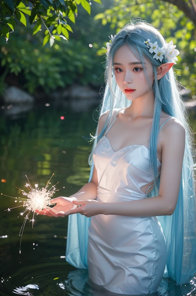 The most beautiful Thai women with very white skin. Long straight blue-white hair Wear a beautiful gauze dress. , transparent flower, Standing against a tree in the middle of a stream, beautiful and exquisite, Full of flowers, Transparent fabric, There were red-blue-yellow sparks floating everywhere.... Wet Transparent fabric flower petals floated on the surface of the water, elf, floating luminous crystal elf. , The sharpest oil paintings, Best digital drawings 18k, portrait, Depth of Field, 3D anime style