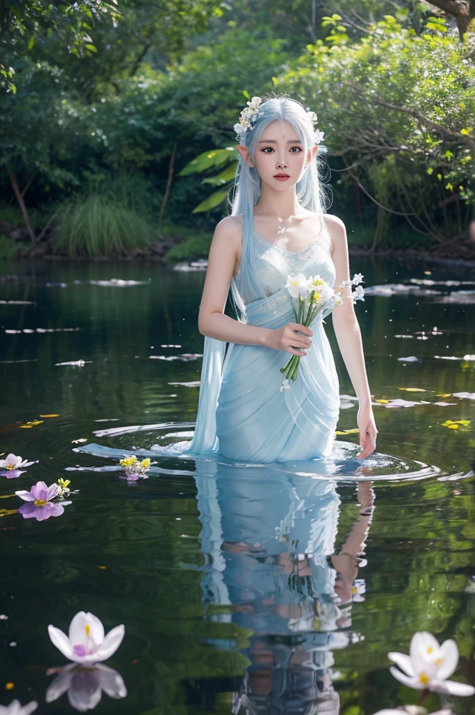The most beautiful Thai women with very white skin. Long straight blue-white hair Wear a beautiful gauze dress. , transparent flower, Standing against a tree in the middle of a stream, beautiful and exquisite, Full of flowers, Transparent fabric, There were red-blue-yellow sparks floating everywhere.... Wet Transparent fabric flower petals floated on the surface of the water, elf, floating luminous crystal elf. , The sharpest oil paintings, Best digital drawings 18k, portrait, Depth of Field, 3D anime style