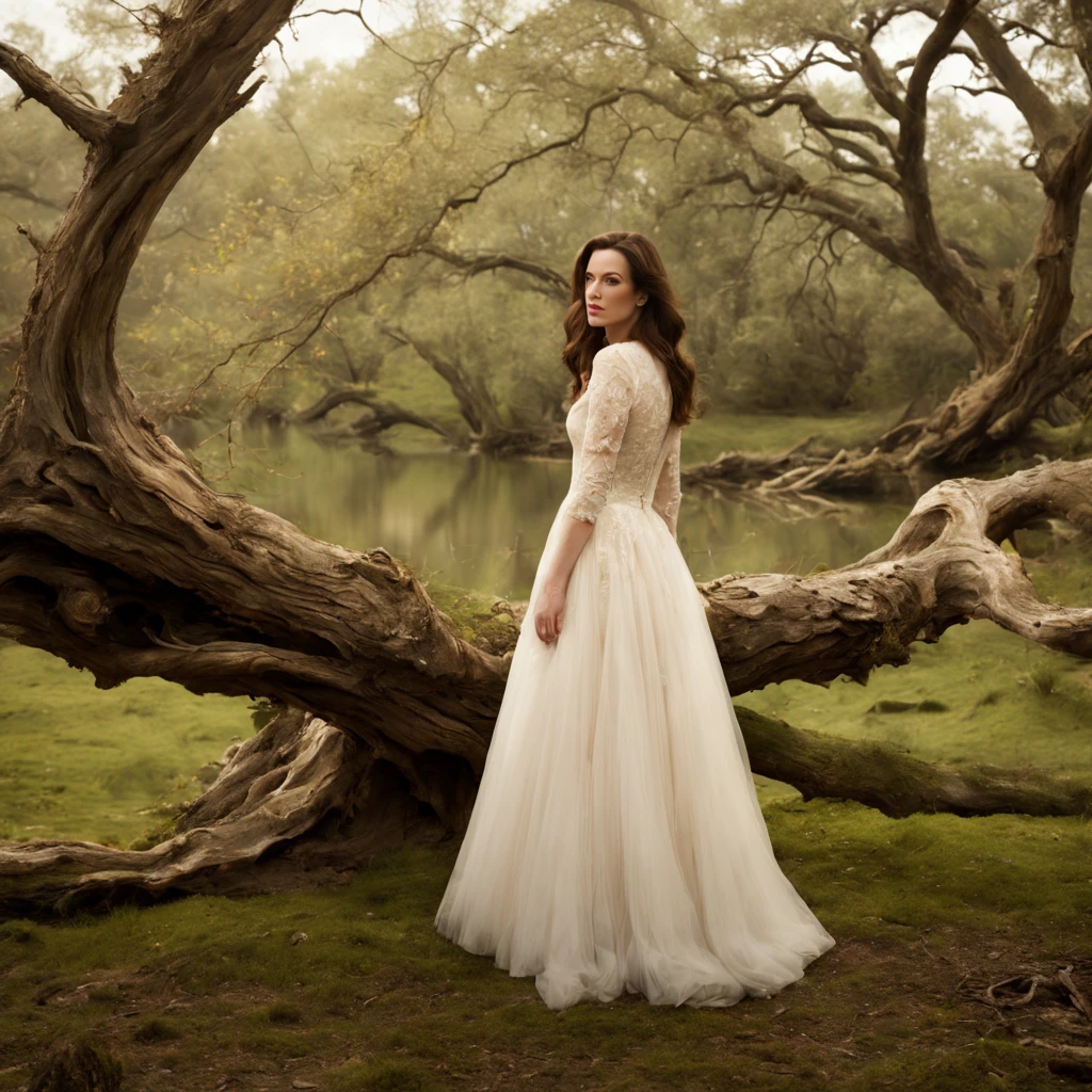 1 girl "Liv Tyler com vestido branco celestial", ((Encantadora)) pond setup, garota em um joelho sereno, longe do espectador ((dynamic cloud landscape)), ((gnarled and twisted tree trunk)), ((soft natural lighting)), arte digital, ((Paleta de cores vivas)), melhor qualidade