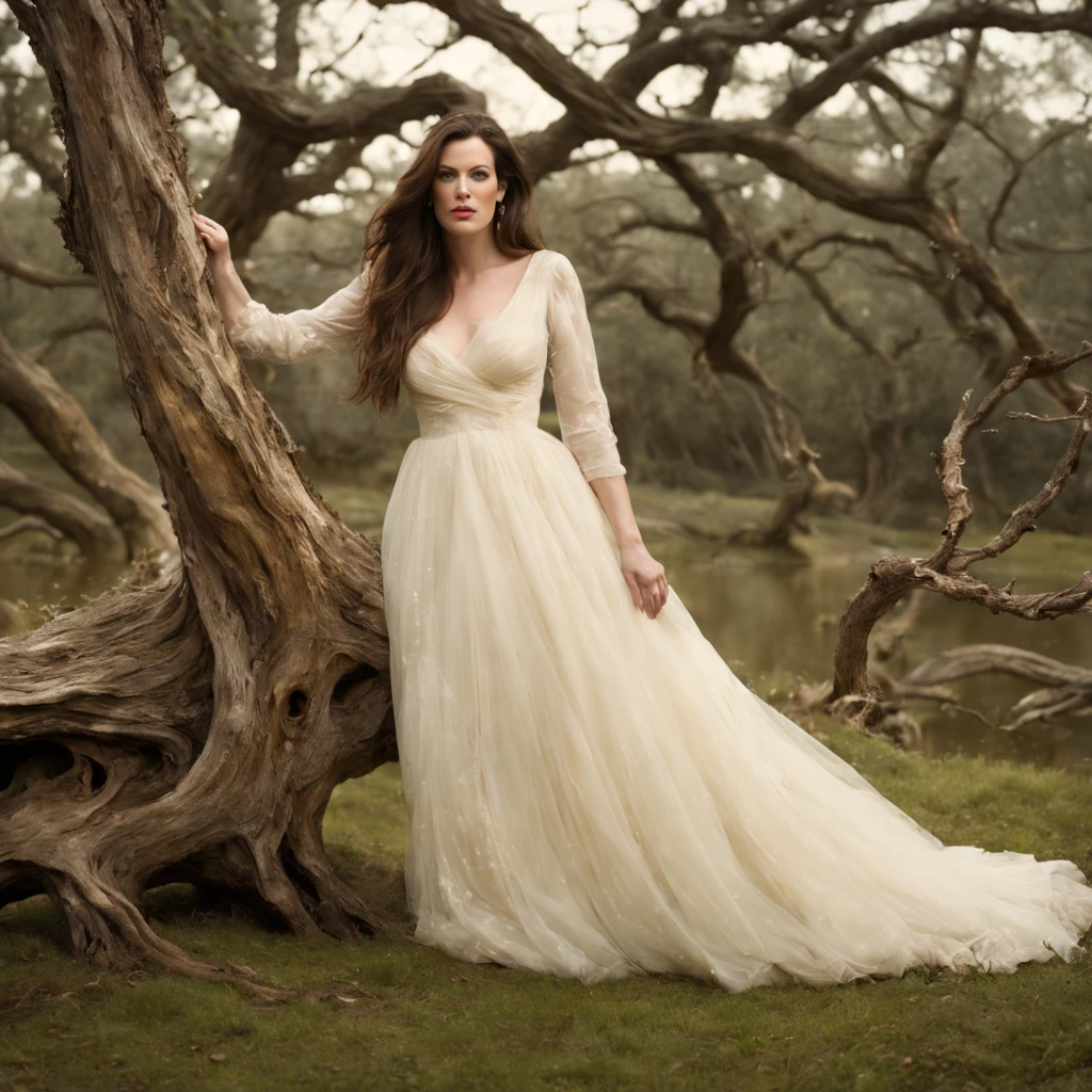 1 girl "Liv Tyler com vestido branco celestial", ((Encantadora)) pond setup, garota em um joelho sereno, longe do espectador ((dynamic cloud landscape)), ((gnarled and twisted tree trunk)), ((soft natural lighting)), arte digital, ((Paleta de cores vivas)), melhor qualidade