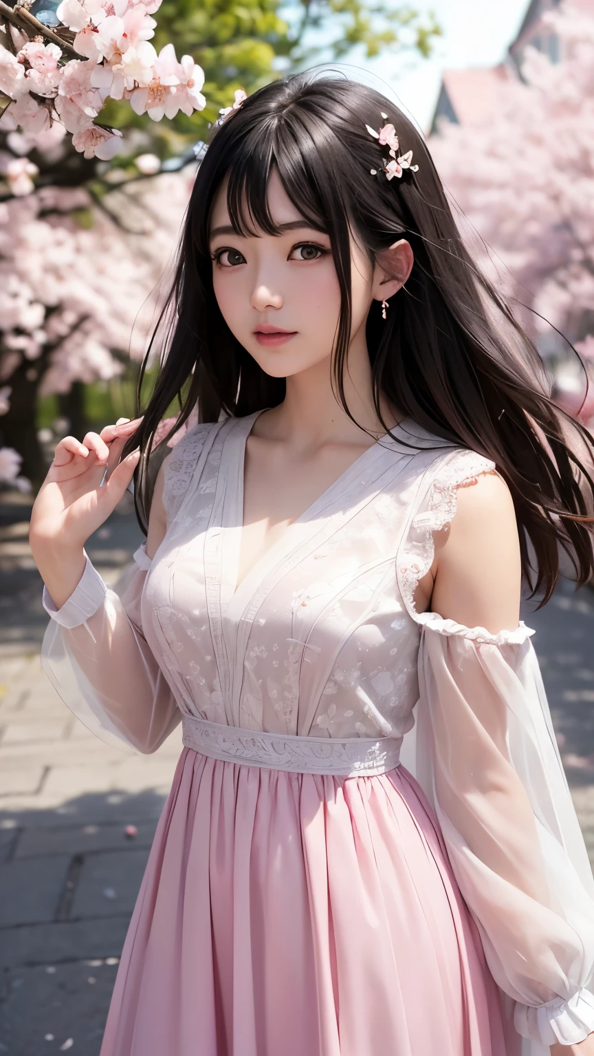 (A logo、masterpiece、8K、masutepiece、Raw photo、Fantastic、Best Quality、フォトリアリスティックでighly detailedな CG 統合 8k 壁紙、hightquality、ighly detailed、epic poem、Particle effect、Dynamic effects、depth of fields、Cinematic Light、Lens Flare、Ray tracing)、Fantasia、 (Beauty 1 person、doress、Dress、Cherry blossom pattern、A dark-haired、Beautiful face、Real Face、beautiful details eyes beautiful skin)、髪がthe windで踊る、Hair flutters in the wind、Hair jumps、Pink cherry blossom tree、Petals flutter、Sakura blizzard、Superb view、morning glow、Sun in the background、the wind、