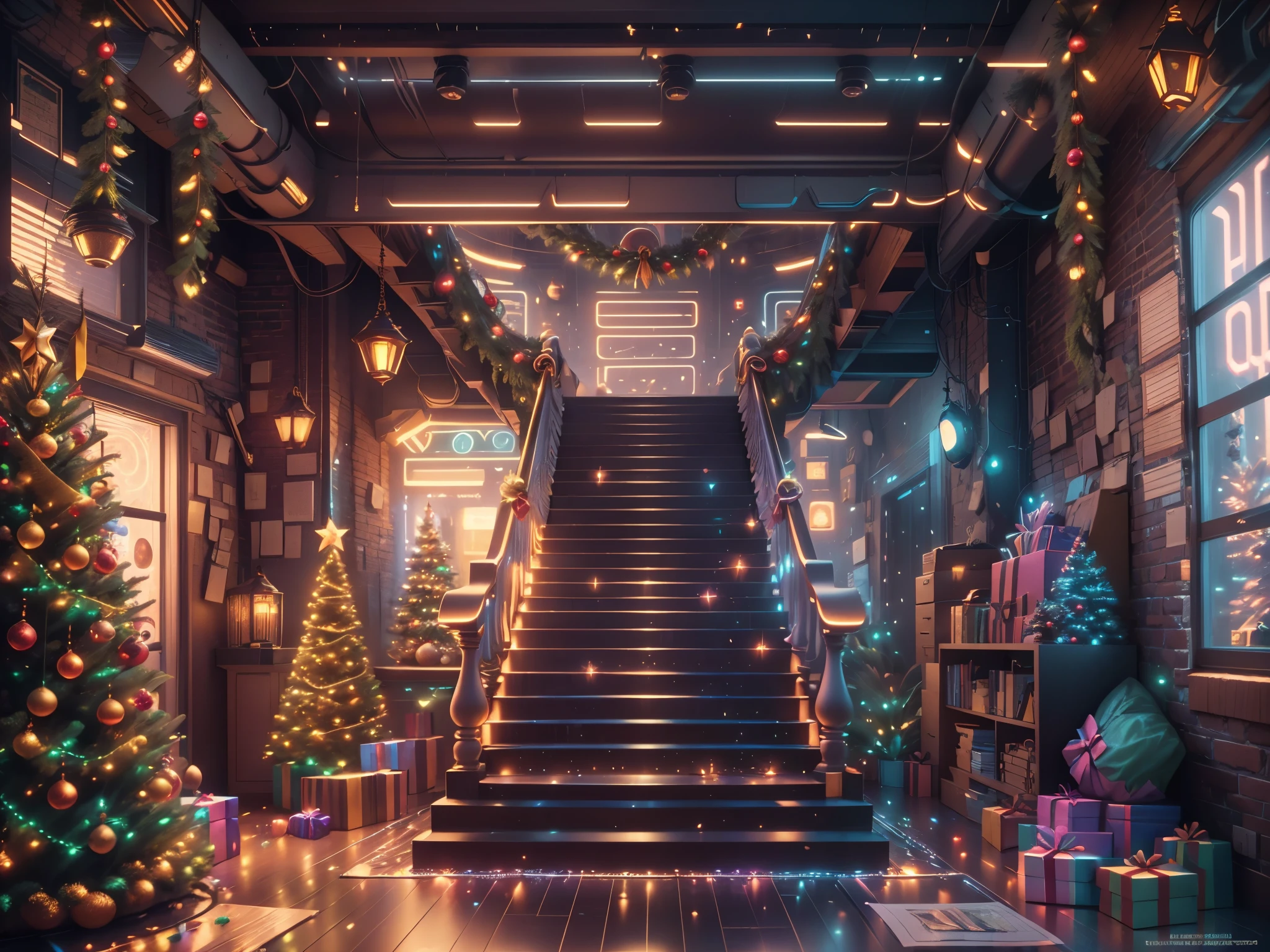 （Future science fiction，Cyberpunk style Christmas room:1.5），(以未来派赛博朋克圣诞元素Decorative style)，(霓虹lamplight)，mechanical fireplace、Lanterns hanging on mechanical stairs、Colorful gifts wrapped under futuristic Christmas tree、Mechanical floor piled with gifts、Decorative style的松树、Metallic floor、Christmas atmosphere、传统的Christmas atmosphere、Merry Christmas、gift tags、Christmas wreath、Decorative style、metal ribbon、Christmas tree lights、Candy and Snacks，Gingerbread Man，lamplight，Futuristic Christmas decoration，(Sci-fi stylish neon light sci-fi furniture)，Panoramic view of the city outside the window，nighttime scene，The room is full of joy and surprises，Christmas room with glowing decorations，artificial snow，Full of festive atmosphere，Glowing lamp，Nice decorations，（mechanical texture wall），（A seamless blend of futuristic and traditional Christmas elements，Seamless blend of old and new），No Man，filigree的细节，elegant and charming，highly  detailed，unreal-engine，rendering by octane，CGI，naturey，Pubic area is clear，filigree，smoothness，柔和的lamplight，(concept-art，hyper HD，art station antasyart，epic look at your scene，Intricate patterns，Complicated details，超filigree的绘画，physically-based renderingt，Extremely detailed description，professional，hyper realisitc，beyond human imagination，壮观的lamplight，Art station popular，unreal-engine，Global，Best quality，8K，A high resolution，tmasterpiece，ultra - detailed，realistically，1.4x more realism）, Neonpunkai