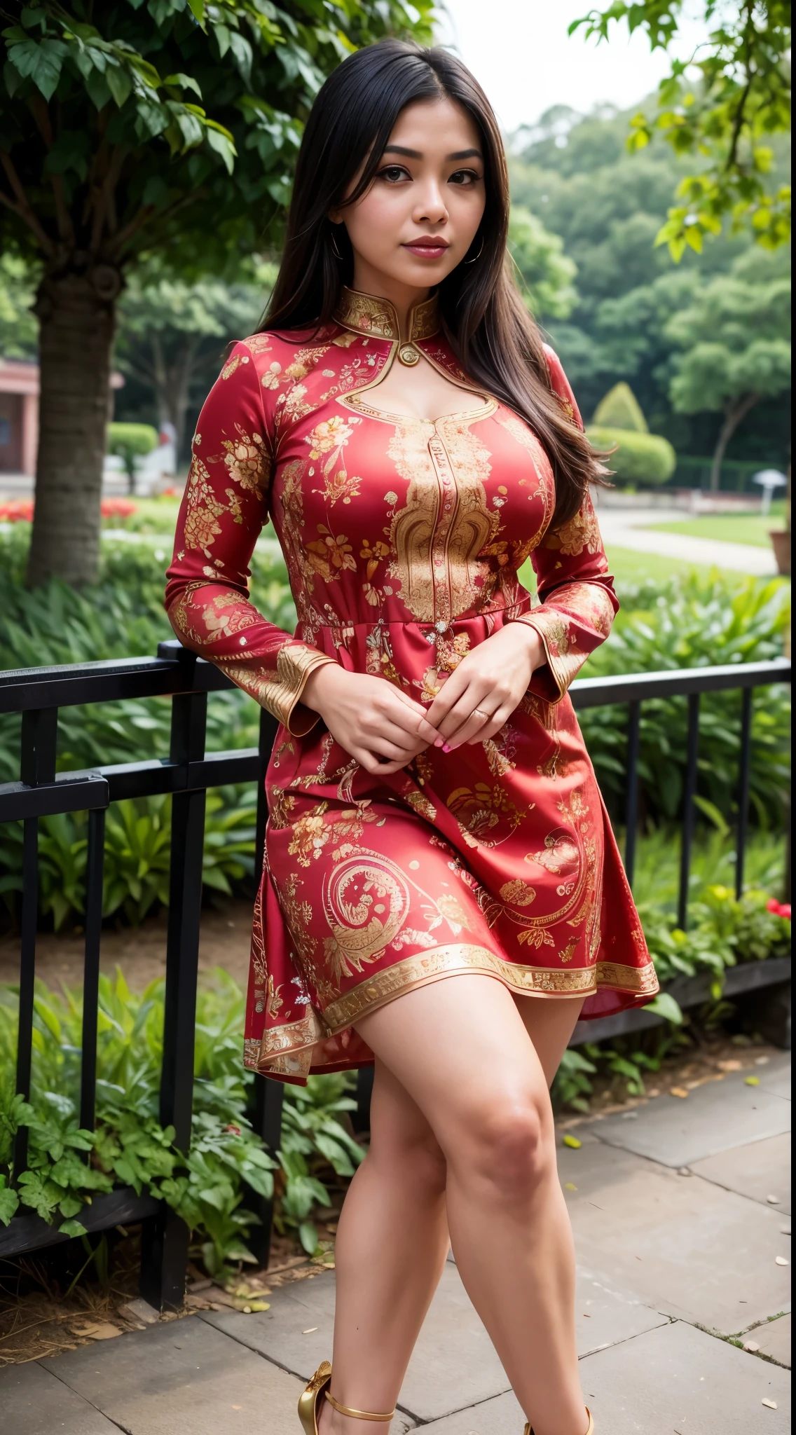 ( Close Up),RAW, Best quality, high resolution, masterpiece: 1.3), beautiful Malay woman in , Masterpiece, perfect body, Big breasts, thick thighs, beautiful big eyes, mole under the eyes, long eyelashes, big eyes, beutifull face, Soft smile, woman standing against a garden wearing a dress and heels, frock, red and gold ornate dress, stylish dress, soft silk dress,  dress, full covered dress, red floral dress, indian style, very beautiful enga style, delicate patterned, paisley, * colour splash *, dress, flowing dress, vintage dress, wearing a kurta  ,   Soft turtleneck, evening walk, garden park, Great lighting, Bright colors, Clean lines