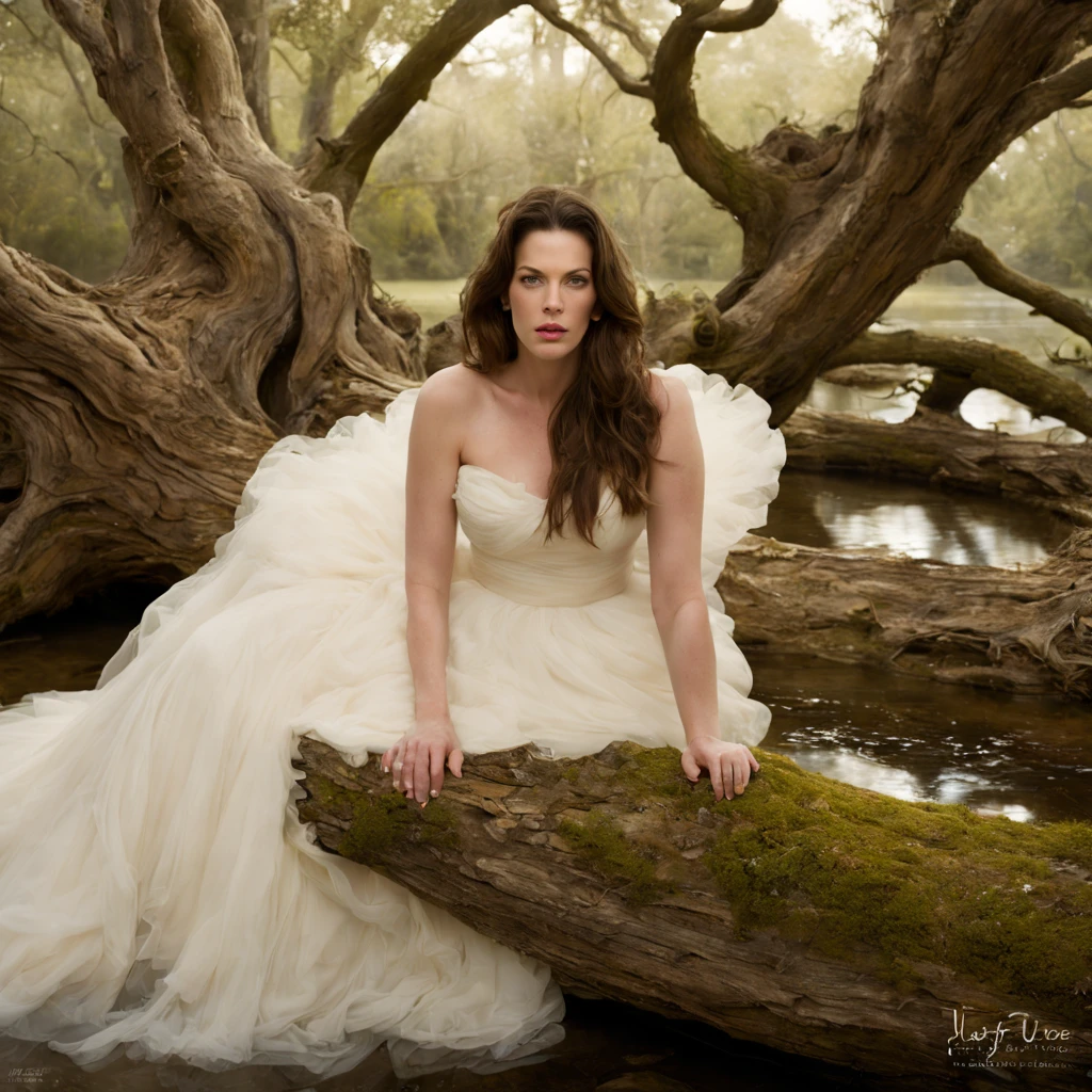 1 girl "Liv Tyler com vestido branco celestial", ((Encantadora)) pond setup, garota em um joelho sereno, longe do espectador ((dynamic cloud landscape)), ((gnarled and twisted tree trunk)), ((soft natural lighting)), arte digital, ((Paleta de cores vivas)), melhor qualidade