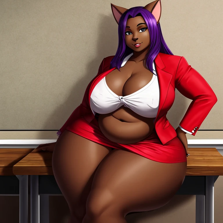 1girl, solo, Anthro, furry, cat girl, purple hair, ((dark skin)), ((dark skinned female)), ((red business suit)), cat ears, ((ussbbw)), ((insanely inflated hips)), ((insanely inflated belly)), ((ussbbw weight gain)), ((obese)), ((insanely inflated thighs)), ((fat rolls)), ((fat arms)), fat legs, tall, long tail, midriff, mini skirt, navel, shiny skin, ((insanely wide thighs)), cleavage, ((widest possible thighs)), white undershirt, black tie, pantyhose, classroom background
