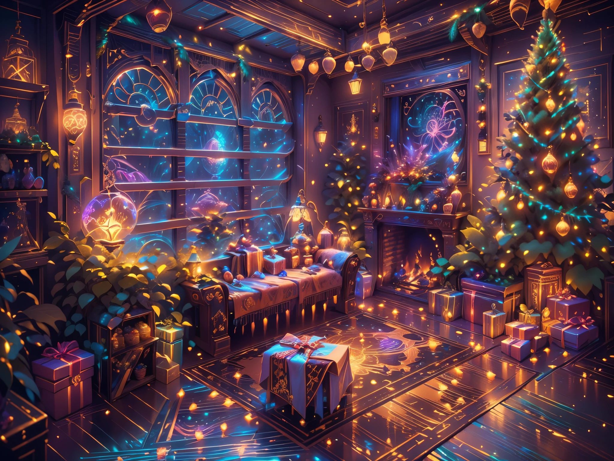 （Future science fiction，Cyberpunk style Christmas room:1.5），(以未来派赛博朋克圣诞元素Decorative style)，(霓虹lamplight)，mechanical fireplace、Lanterns hanging on mechanical stairs、Colorful gifts wrapped under futuristic Christmas tree、Mechanical floor piled with gifts、Decorative style的松树、Metallic floor、Christmas atmosphere、传统的Christmas atmosphere、Merry Christmas、gift tags、Christmas wreath、Decorative style、metal ribbon、Christmas tree lights、Candy and Snacks，Gingerbread Man，lamplight，Futuristic Christmas decoration，(Sci-fi stylish neon light sci-fi furniture)，Panoramic view of the city outside the window，nighttime scene，The room is full of joy and surprises，Christmas room with glowing decorations，artificial snow，Full of festive atmosphere，Glowing lamp，Nice decorations，（mechanical texture wall），（A seamless blend of futuristic and traditional Christmas elements，Seamless blend of old and new），No Man，filigree的细节，elegant and charming，highly  detailed，unreal-engine，rendering by octane，CGI，naturey，Pubic area is clear，filigree，smoothness，柔和的lamplight，(concept-art，hyper HD，art station antasyart，epic look at your scene，Intricate patterns，Complicated details，超filigree的绘画，physically-based renderingt，Extremely detailed description，professional，hyper realisitc，beyond human imagination，壮观的lamplight，Art station popular，unreal-engine，Global，Best quality，8K，A high resolution，tmasterpiece，ultra - detailed，realistically，1.4x more realism）, Neonpunkai