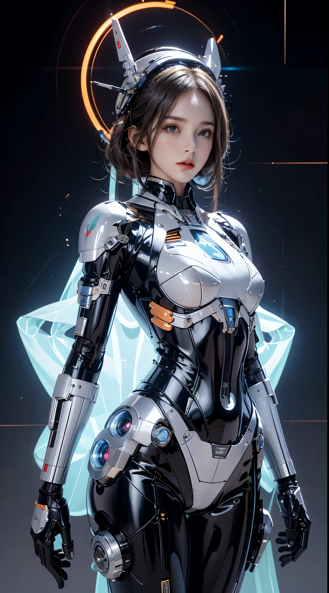 realisticlying, A high resolution, a 1 womone, hip-up, droid, Mecha Maiden,mechanicalparts, droid joints,single mechanical arm, Hats, Mechanical Aura,star halo,Complex mechanical body suit, mecha corset, Full A, White mecha body