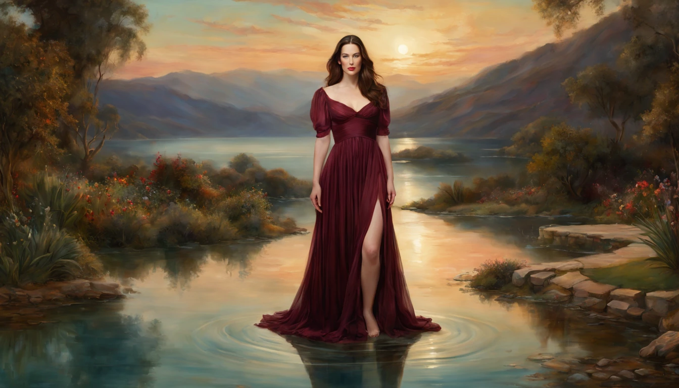 1 girl "liv Tyler com vestido vinho longo", pintura: Uma encantadora obra de arte representando uma garota vestindo seda, By a mystical pool, cercado por encantos turbulentos, with the distant planet casting an ethereal light upon her.