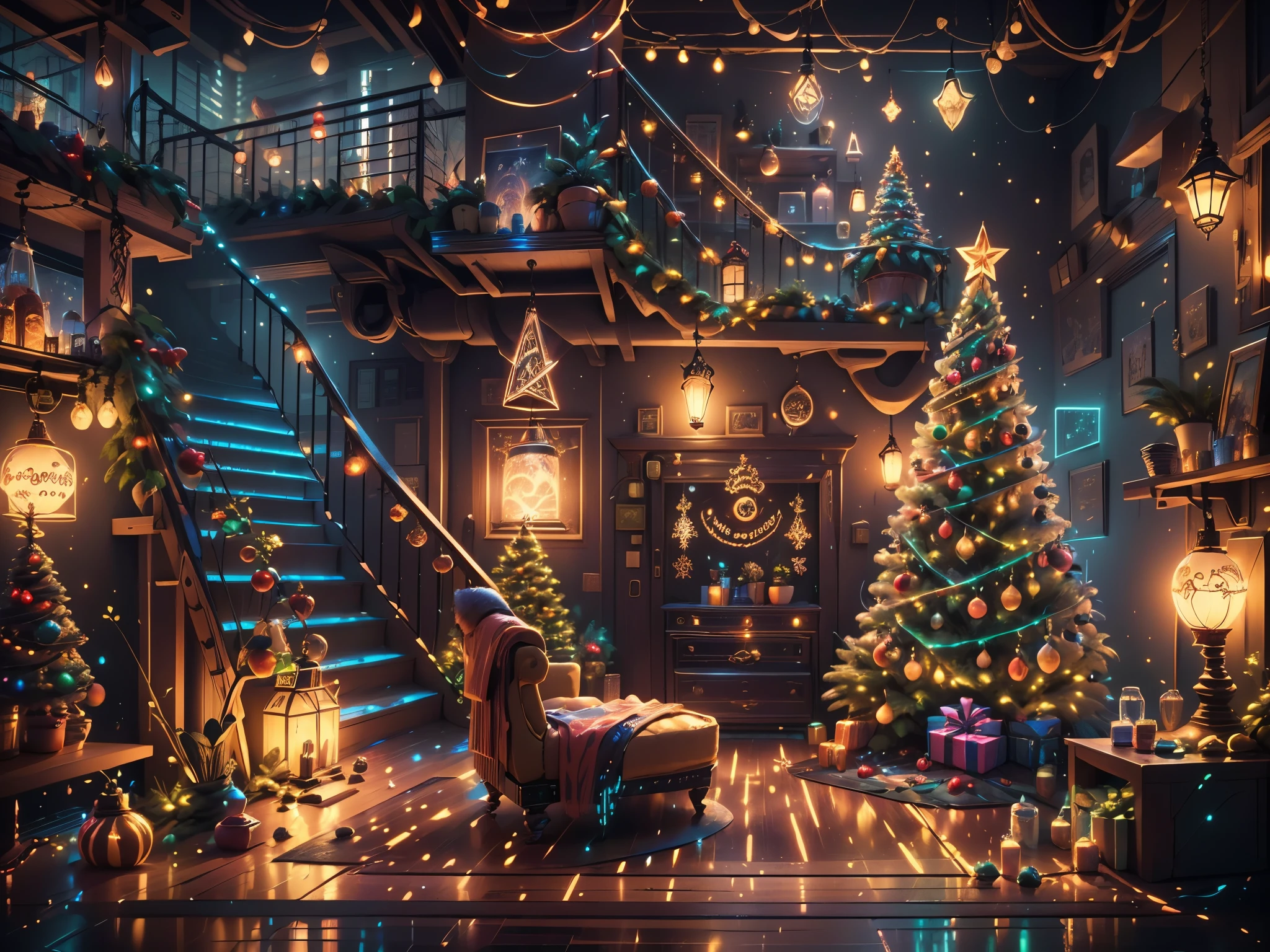 （Future science fiction，Cyberpunk style Christmas room:1.5），(以未来派赛博朋克圣诞元素Decorative style)，(霓虹lamplight)，mechanical fireplace、Lanterns hanging on mechanical stairs、Colorful gifts wrapped under futuristic Christmas tree、Mechanical floor piled with gifts、Decorative style的松树、Metallic floor、Christmas atmosphere、传统的Christmas atmosphere、Merry Christmas、gift tags、Christmas wreath、Decorative style、metal ribbon、Christmas tree lights、Candy and Snacks，Gingerbread Man，lamplight，Futuristic Christmas decoration，(Sci-fi stylish neon light sci-fi furniture)，Panoramic view of the city outside the window，nighttime scene，The room is full of joy and surprises，Christmas room with glowing decorations，artificial snow，Full of festive atmosphere，Glowing lamp，Nice decorations，（mechanical texture wall），（A seamless blend of futuristic and traditional Christmas elements，Seamless blend of old and new），No Man，filigree的细节，elegant and charming，highly  detailed，unreal-engine，rendering by octane，CGI，naturey，Pubic area is clear，filigree，smoothness，柔和的lamplight，(concept-art，hyper HD，art station antasyart，epic look at your scene，Intricate patterns，Complicated details，超filigree的绘画，physically-based renderingt，Extremely detailed description，professional，hyper realisitc，beyond human imagination，壮观的lamplight，Art station popular，unreal-engine，Global，Best quality，8K，A high resolution，tmasterpiece，ultra - detailed，realistically，1.4x more realism）, Neonpunkai