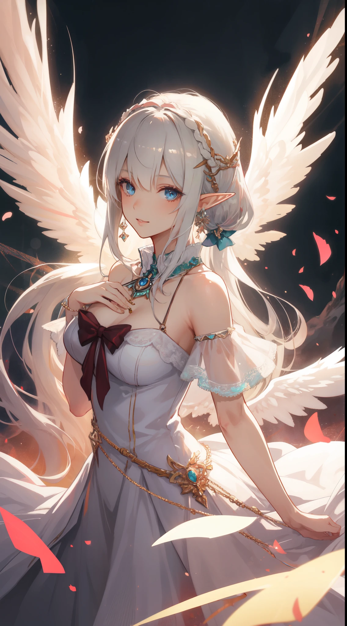 ((masterpiece, best quality)), official art, unity 8k wallpaper, ultra detailed, Rusticcore, contest winner, pixiv, Disgusting a white haired elf woman with wings and jewels on her head and chest, wearing a white dress with silver wings and a silver collar, (Charlie Bowater:0.158) , (Yoshitaka Amano:0.073) , (a character portrait:0.265) , (whiteglovefantasy art:0.457) and Light particle, extremely beautiful, Analytical Art, 8K, best quality, DayGlo orange dust particles, dslr, anaglyph effect, BREAK, highly detailed of (elf), (1girl), solo, perfect face, details eye, ponytail, Blunt bangs, (hair between eye), white hair, blue eyes, fantasy art by Artgerm, by Kawacy, by Wadim kashin, BREAK, eyelashes, eyeshadow, pink eyeshadow, light smile, medium breast,
