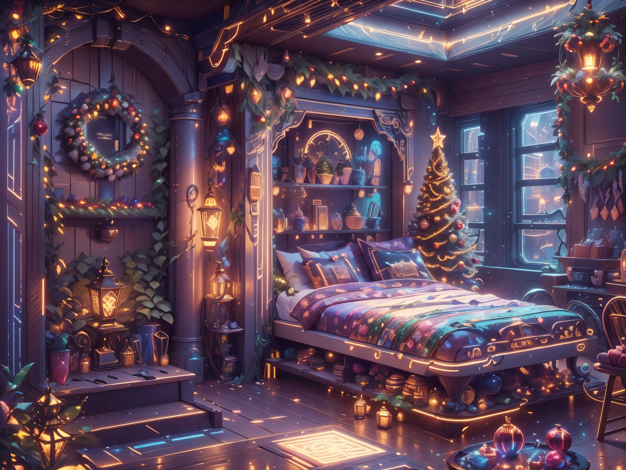 （Future science fiction，Cyberpunk style Christmas room:1.5），(以未来派赛博朋克圣诞元素Decorative style)，(霓虹lamplight)，mechanical fireplace、Lanterns hanging on mechanical stairs、Colorful gifts wrapped under futuristic Christmas tree、Mechanical floor piled with gifts、Decorative style的松树、Metallic floor、Christmas atmosphere、传统的Christmas atmosphere、Merry Christmas、gift tags、Christmas wreath、Decorative style、metal ribbon、Christmas tree lights、Candy and Snacks，Gingerbread Man，lamplight，Futuristic Christmas decoration，(Sci-fi stylish neon light sci-fi furniture)，Panoramic view of the city outside the window，nighttime scene，The room is full of joy and surprises，Christmas room with glowing decorations，artificial snow，Full of festive atmosphere，Glowing lamp，Nice decorations，（mechanical texture wall），（A seamless blend of futuristic and traditional Christmas elements，Seamless blend of old and new），No Man，filigree的细节，elegant and charming，highly  detailed，unreal-engine，rendering by octane，CGI，naturey，Pubic area is clear，filigree，smoothness，柔和的lamplight，(concept-art，hyper HD，art station antasyart，epic look at your scene，Intricate patterns，Complicated details，超filigree的绘画，physically-based renderingt，Extremely detailed description，professional，hyper realisitc，beyond human imagination，壮观的lamplight，Art station popular，unreal-engine，Global，Best quality，8K，A high resolution，tmasterpiece，ultra - detailed，realistically，1.4x more realism）, Neonpunkai