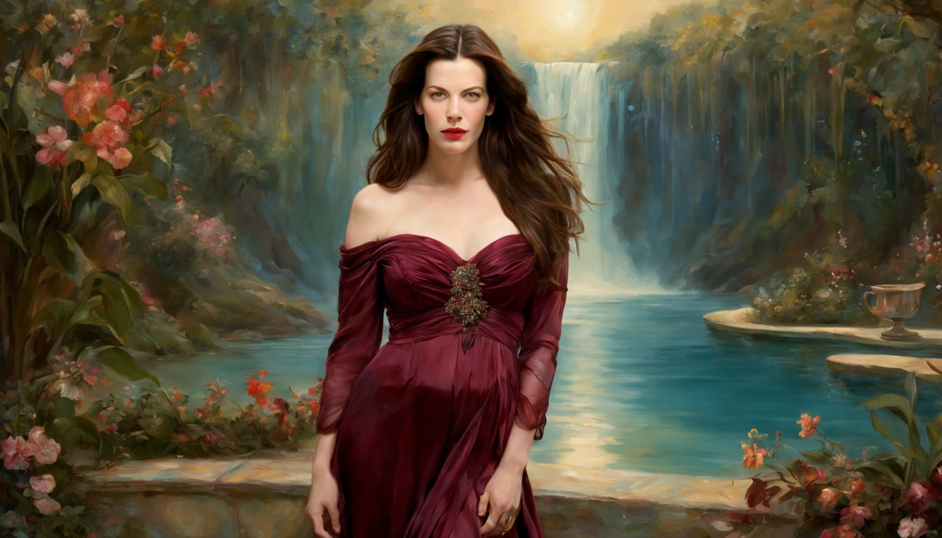 1 girl "liv Tyler com vestido vinho longo", pintura: Uma encantadora obra de arte representando uma garota vestindo seda, By a mystical pool, cercado por encantos turbulentos, with the distant planet casting an ethereal light upon her.